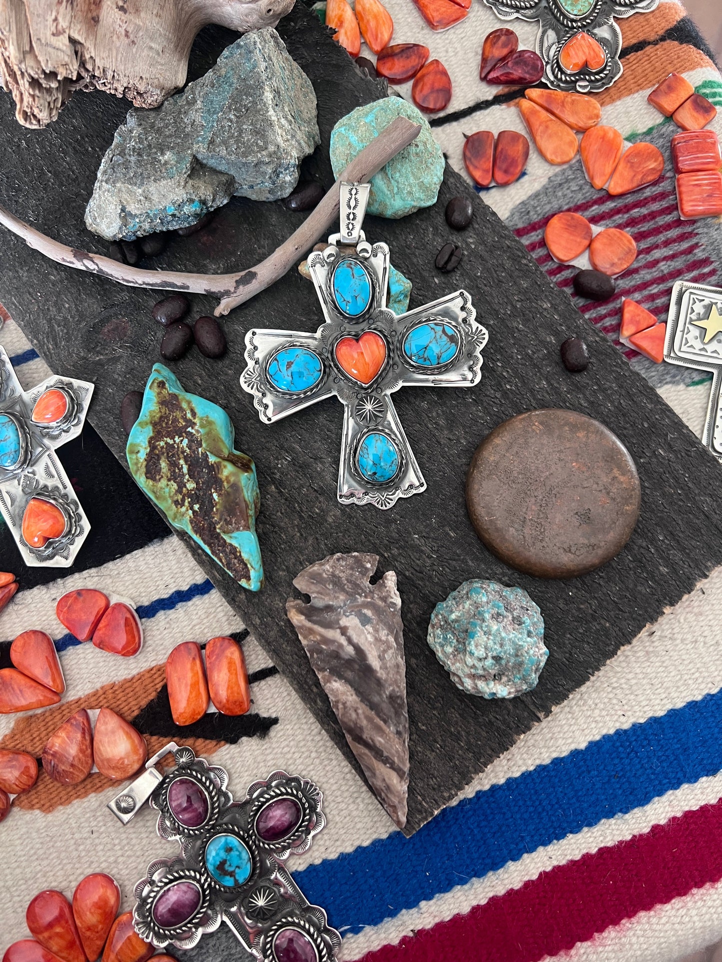 Hand Stamped Sterling Silver, Egyptian Turquoise & Spiny Oyster Cross Pendant by Kimari Somers