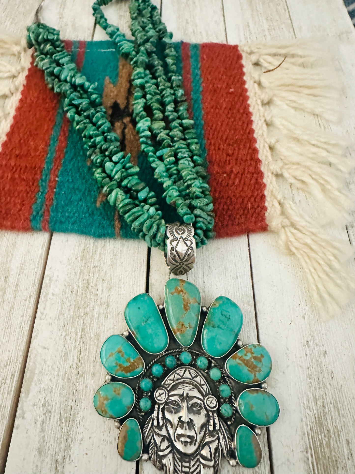 Stunning Handcrafted Sterling Silver & Turquoise Indian Chief Beaded Necklace