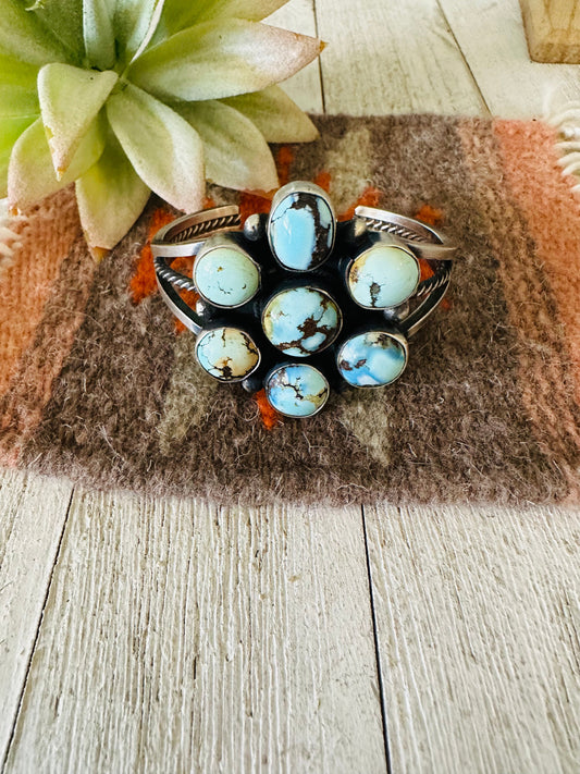 Navajo Golden Hills Turquoise & Sterling Silver Cluster Cuff Bracelet
