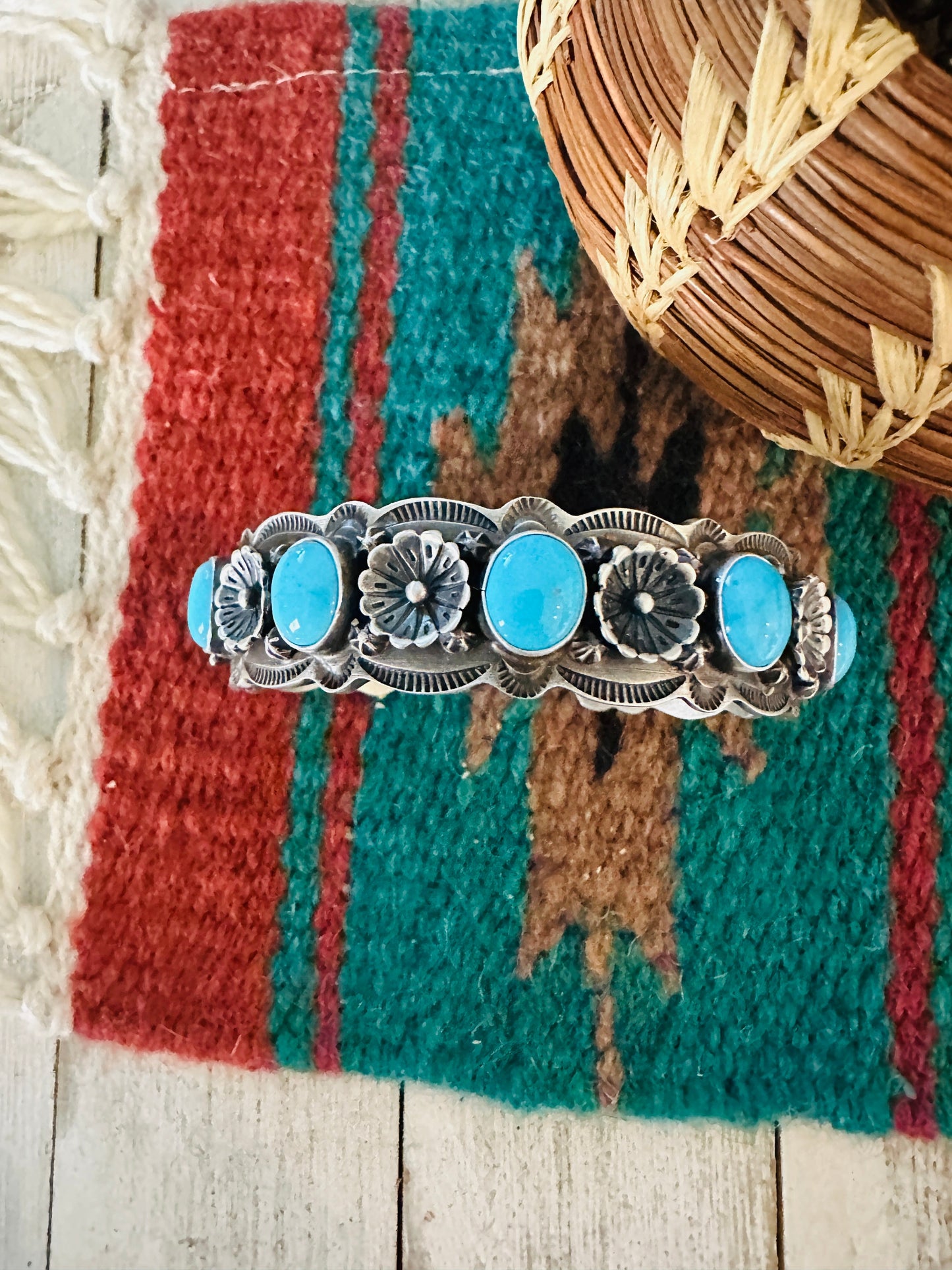 Navajo Turquoise & Sterling Silver Flower Cuff Bracelet