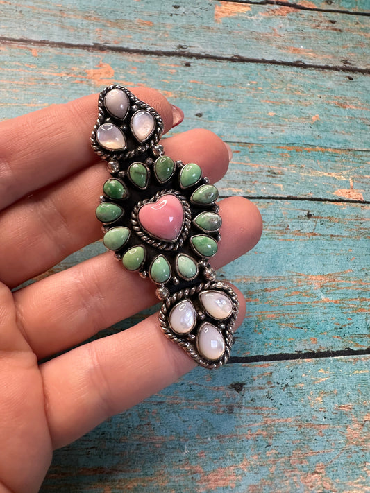 Beautiful Handmade Mother of Pearl, Turquoise, Pink Conch And Sterling Silver Adjustable Cluster Heart Ring