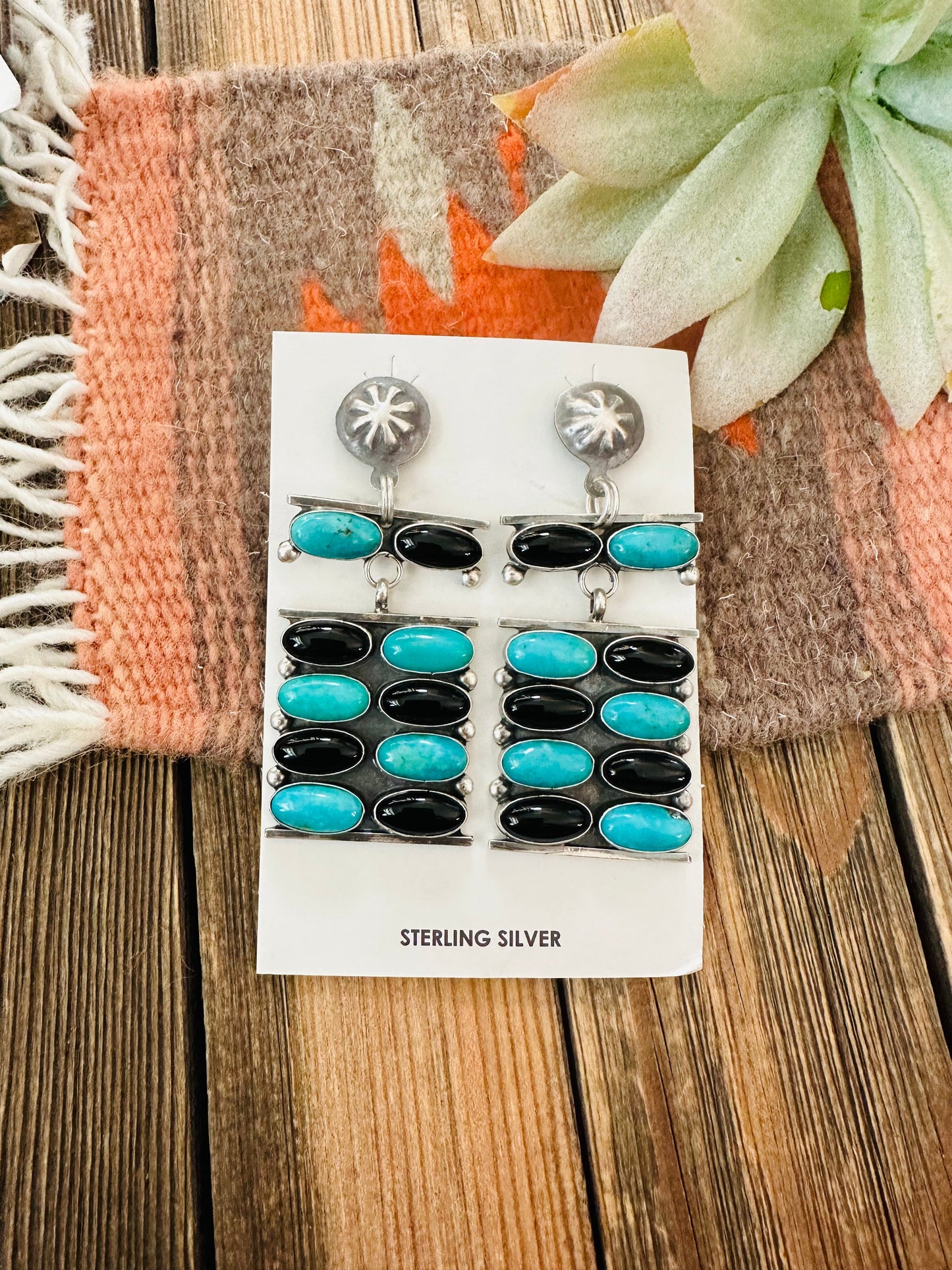 Handcrafted Turquoise, Onyx & Sterling Silver Dangle Earrings