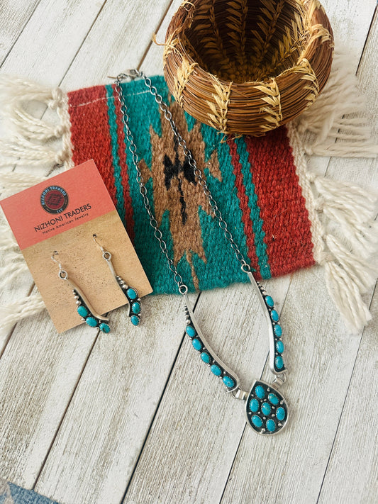 Handcrafted Sterling Silver & Turquoise Cluster Necklace and Earring Set