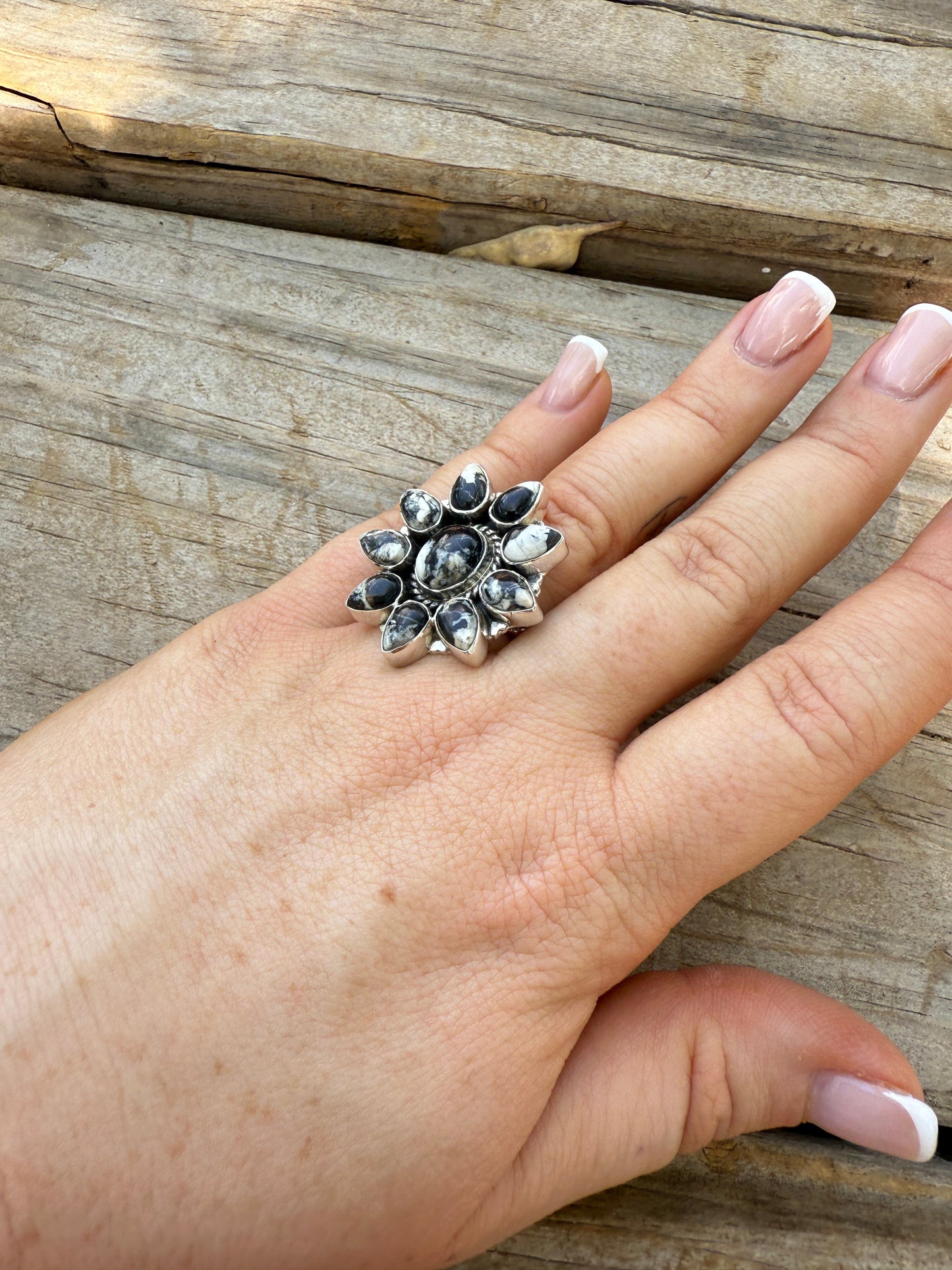 Handmade White Buffalo & Sterling Adjustable Cluster Ring