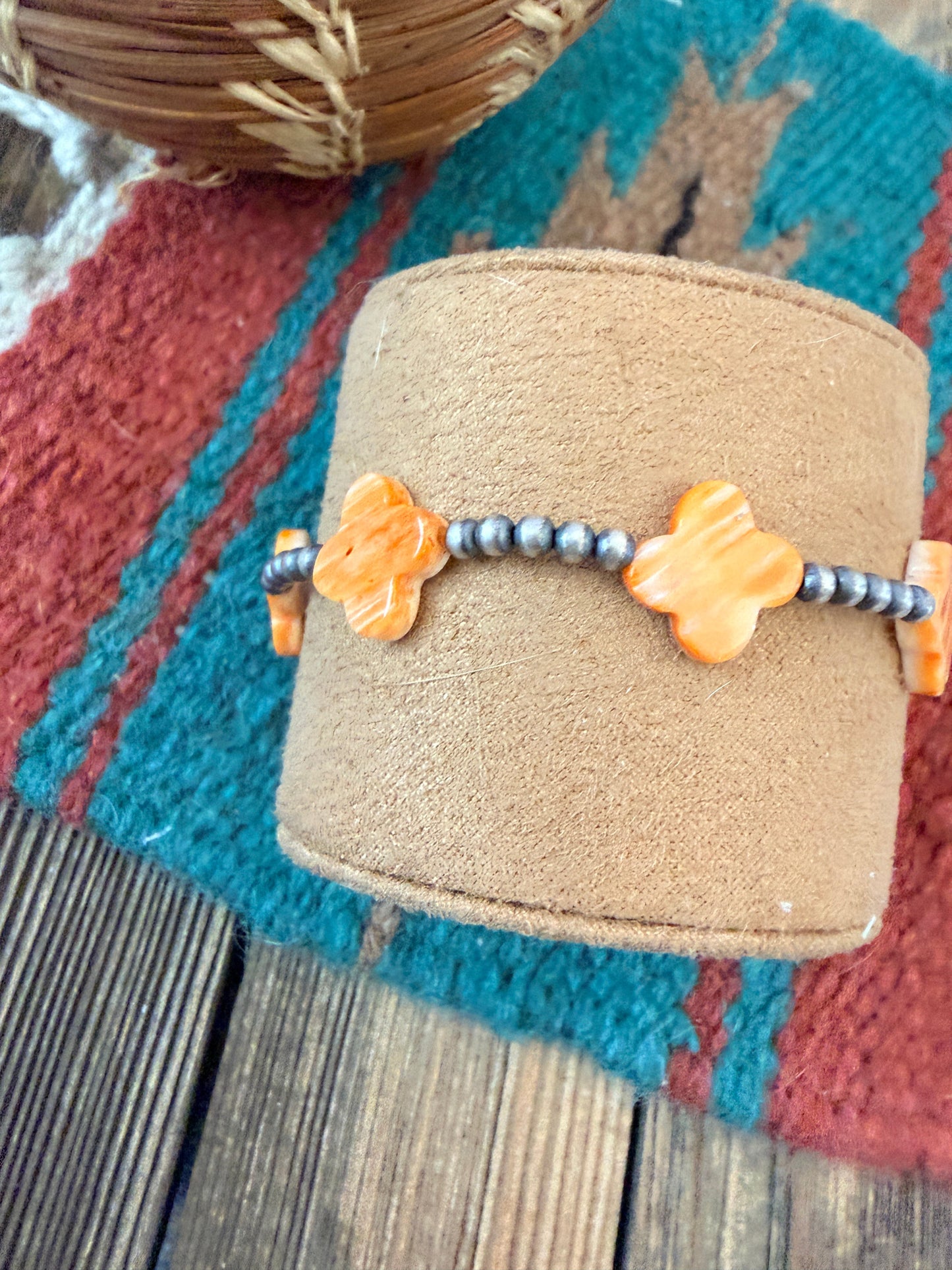 Handcrafted Spiny Oyster & Sterling Silver Pearl Cross Beaded Stretch Bracelet