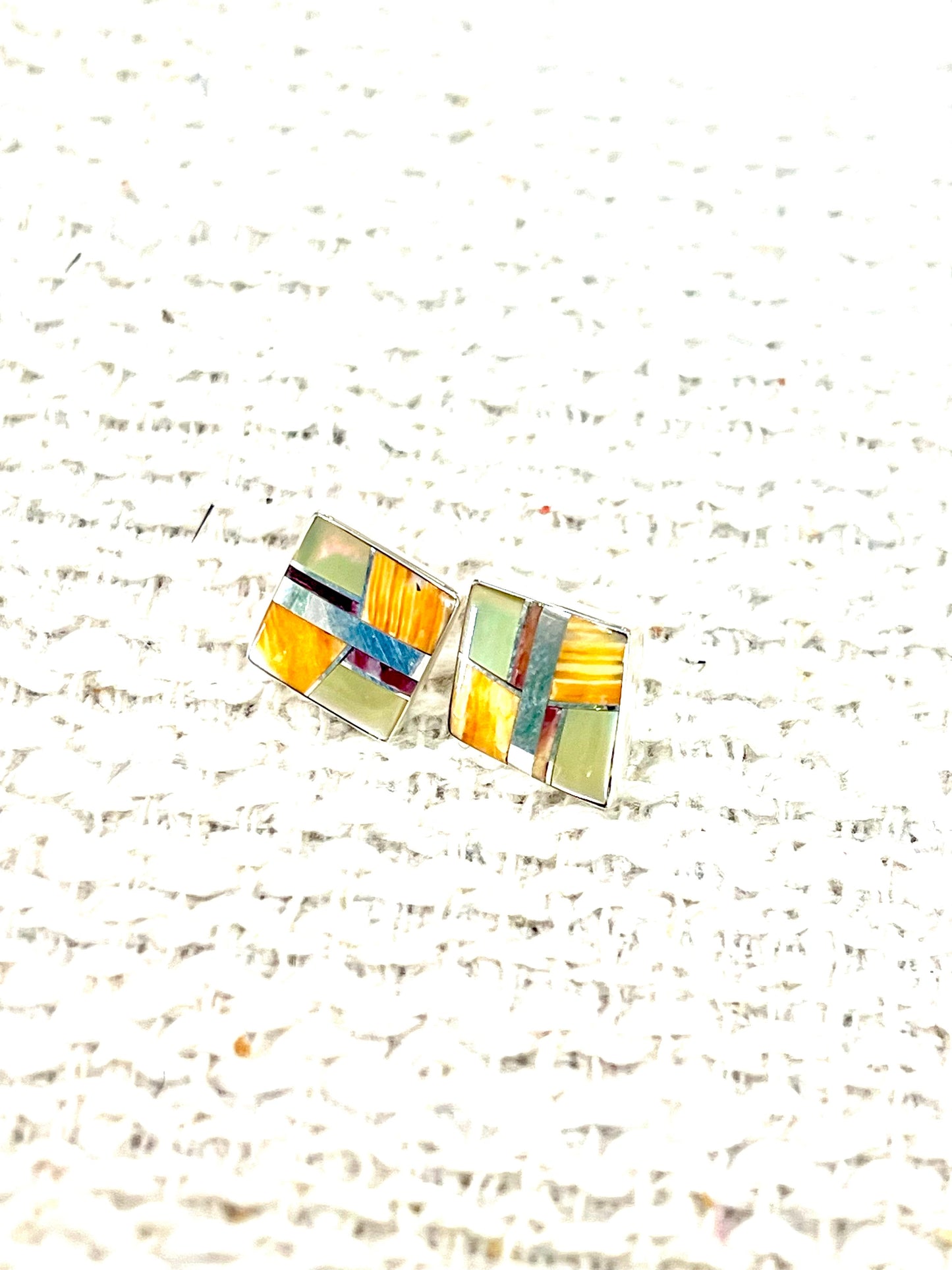 Gorgeous Handmade Sterling Silver & Multi Stone Inlay Stud Earrings