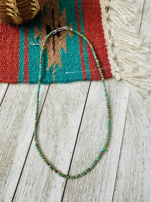 Handcrafted 3mm Turquoise & Sterling Silver Beaded Necklace W/ Extender- Green