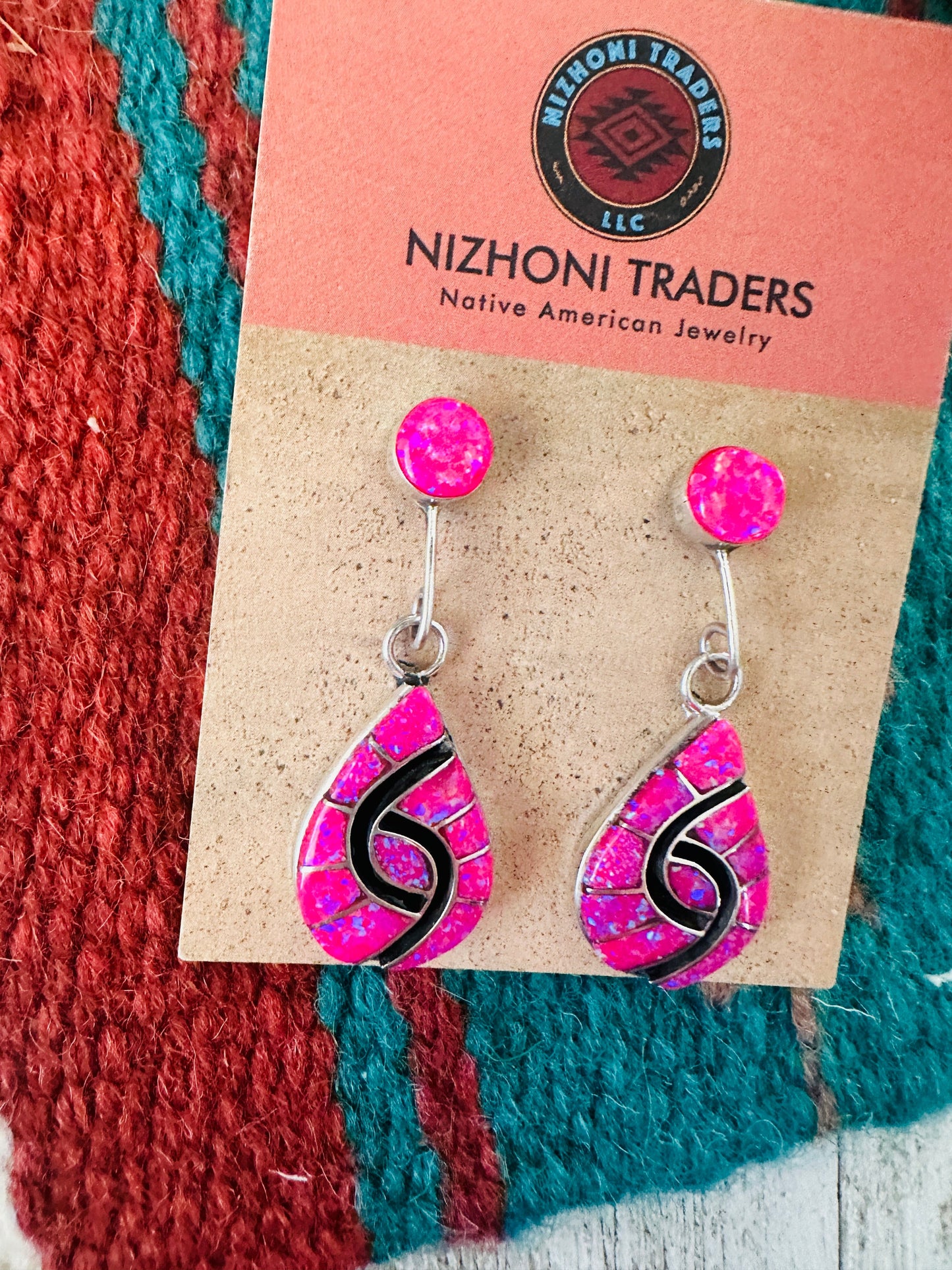 Handcrafted Pink Opal, Onyx & Sterling Silver Inlay Dangle Earrings