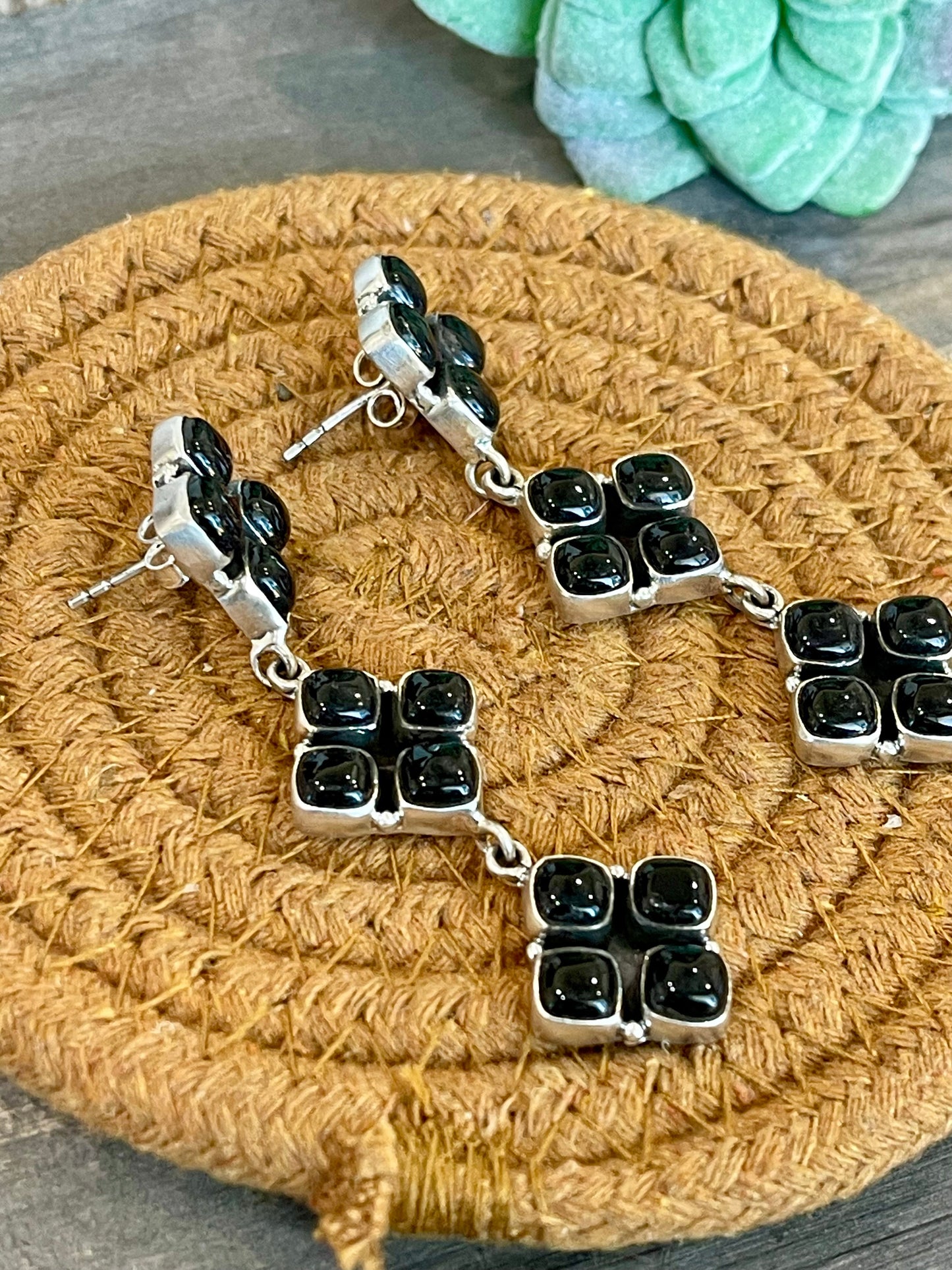 Handmade Onyx, & Sterling Silver Cluster Dangle Earrings Signed Nizhoni