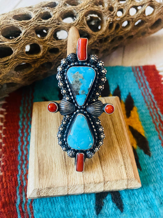 Handcrafted Sterling Kingman Turquoise & Red Coral Ring Size 9 By Shawn Cayatineto