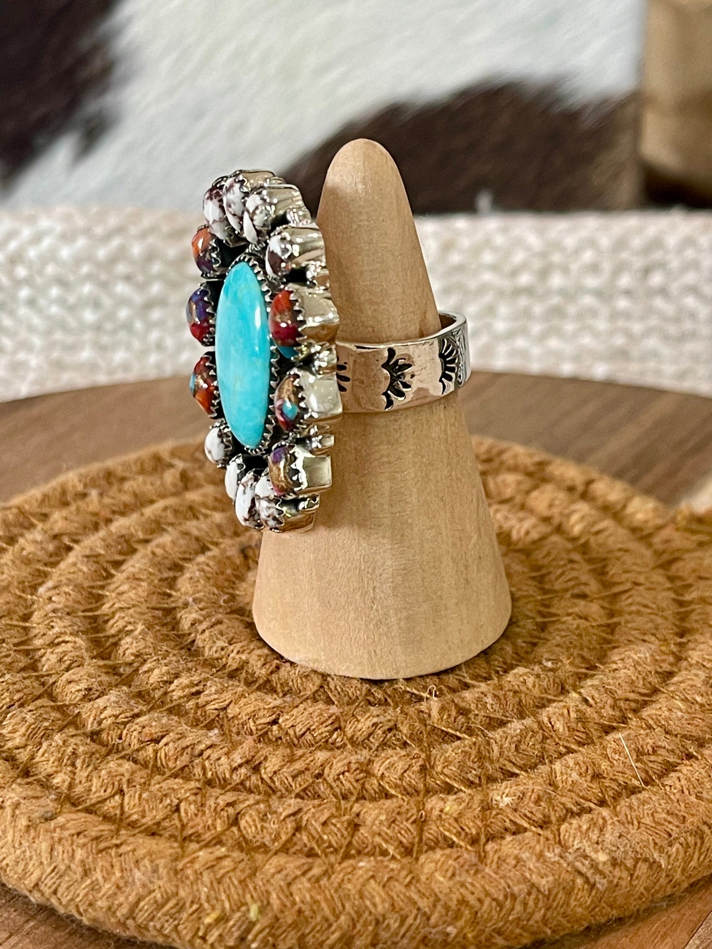 Handcrafted Sterling Silver & Multi Stone Adjustable Cluster Ring