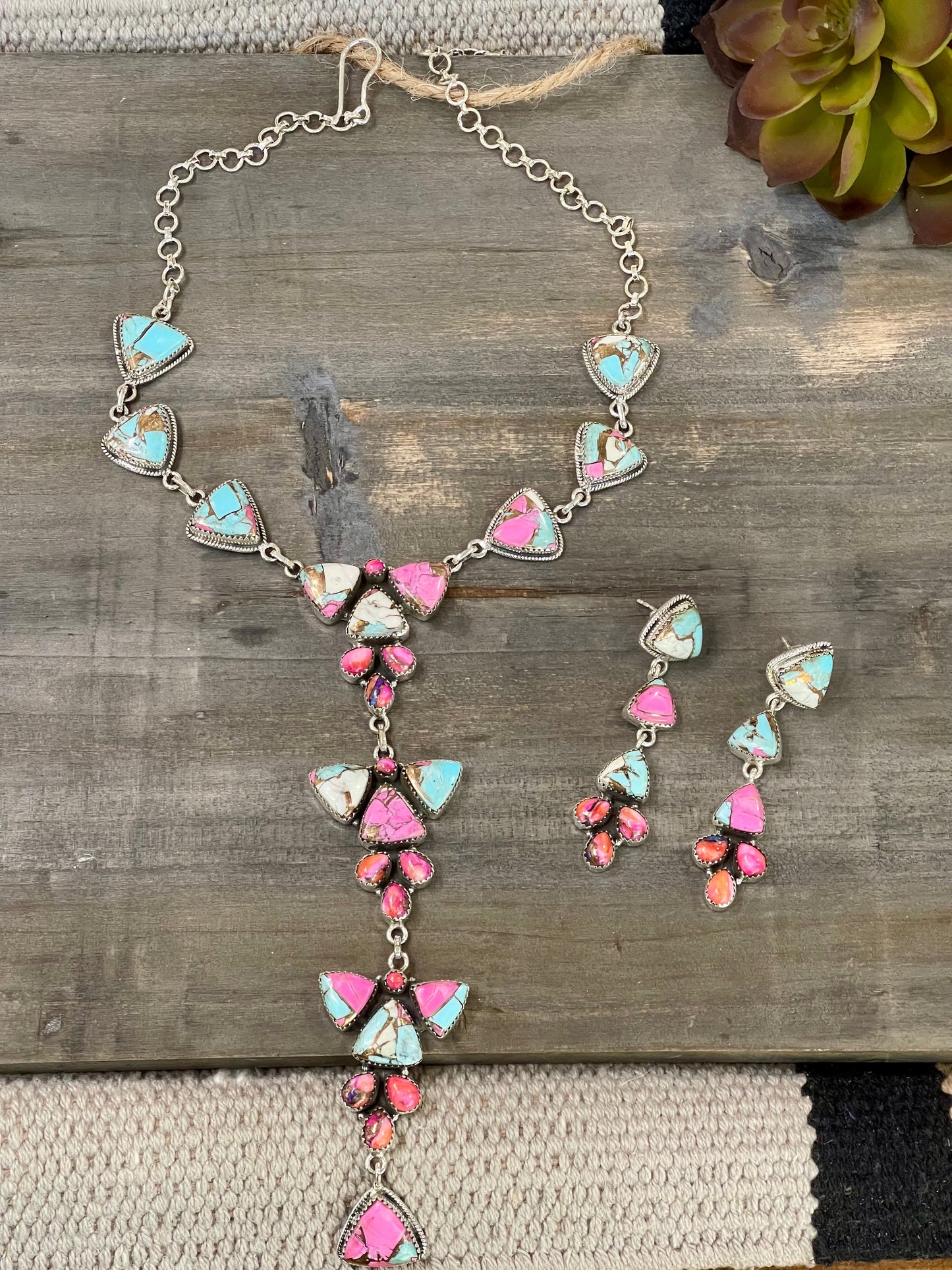 Handmade Cotton Candy , Pink Dream Mojave & Sterling Silver Lariat Necklace Set