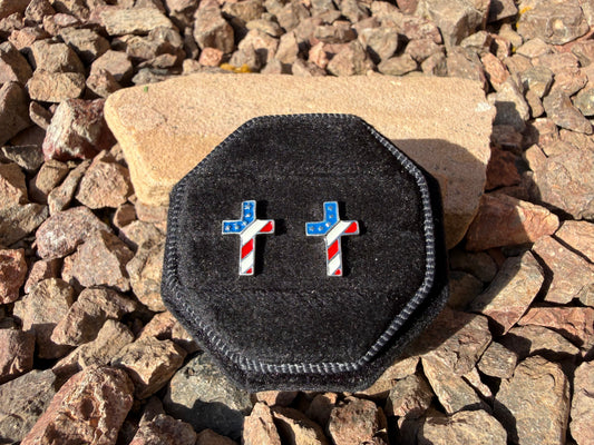Fourth Of July American Flag Cross Sterling Silver Stud Earrings