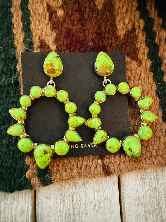 Handcrafted Green Kingman Turquoise And Sterling Silver Dangle Earrings