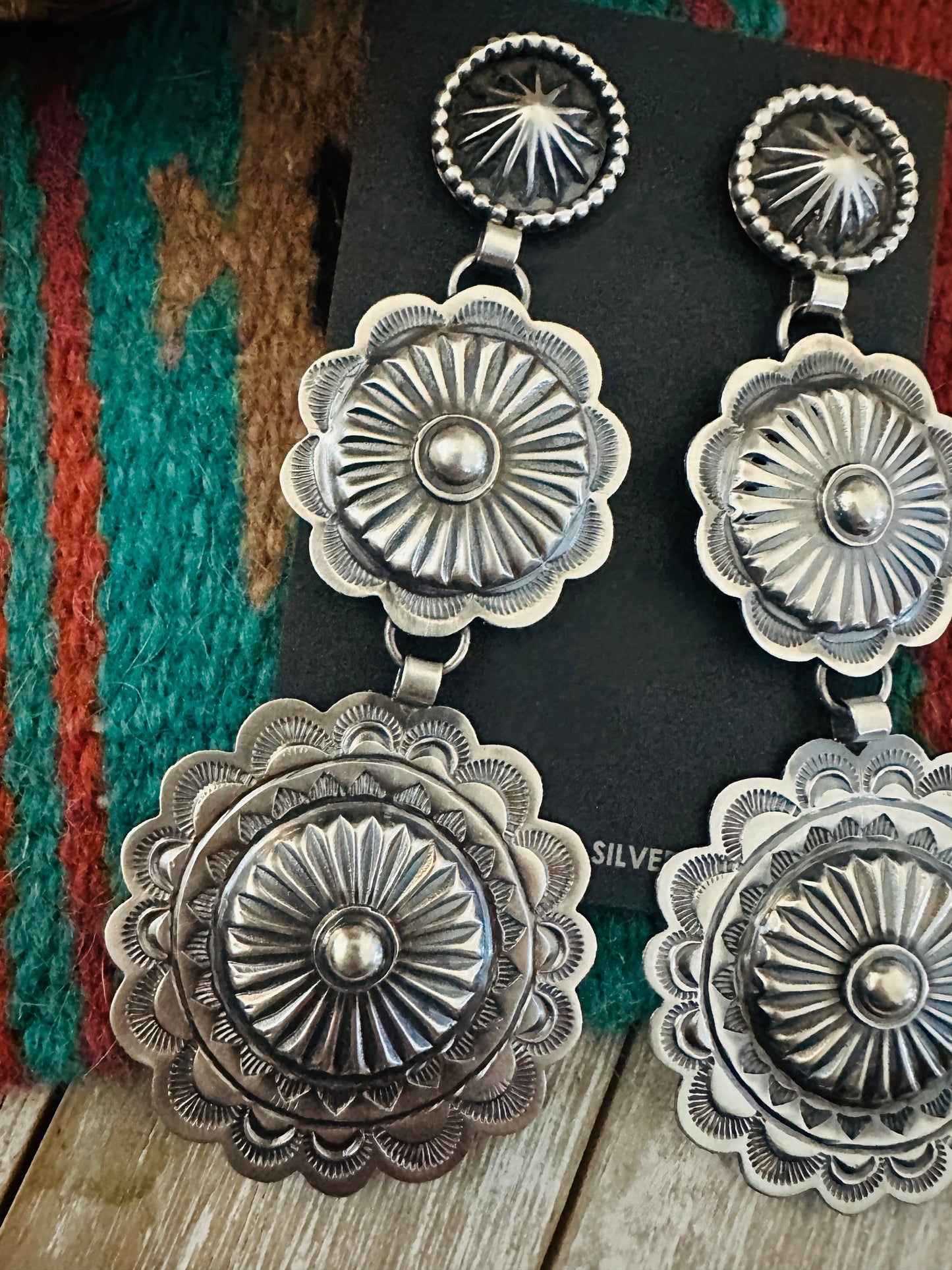 Handcrafted Hand Stamped Sterling Silver Concho Dangle Earrings by Hemerson Brown