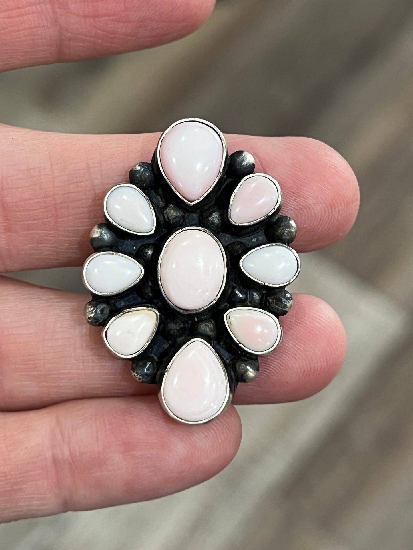 Handcrafted Sterling Silver and Queen Pink Conch Shell Cluster Ring by Travis Jim