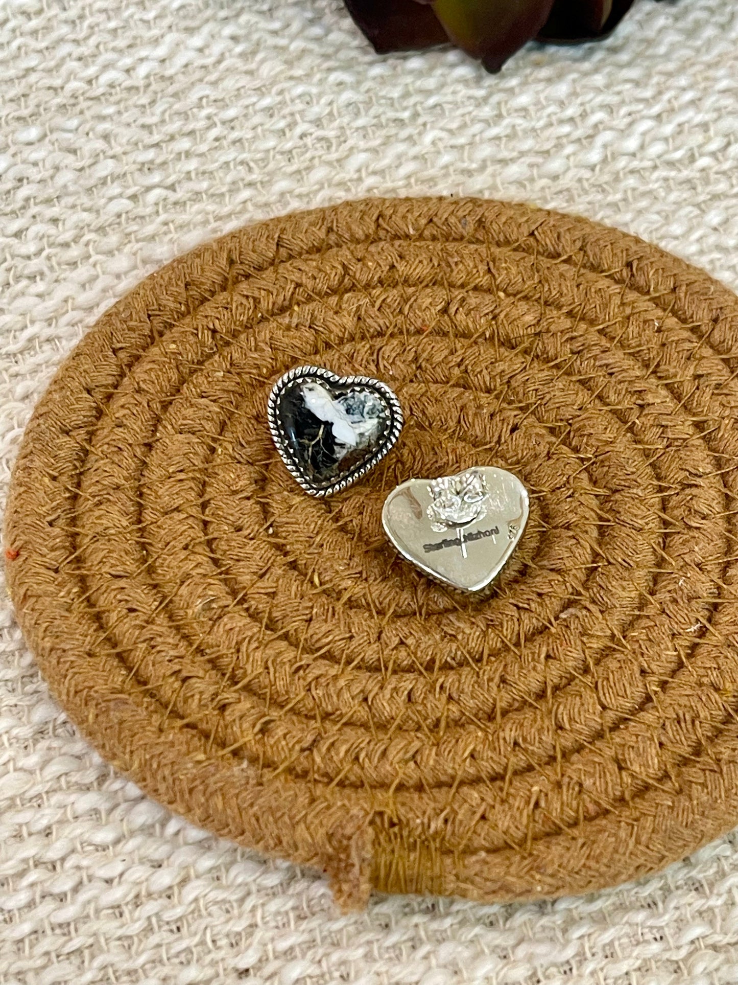 Handmade Sterling Silver White Buffalo Turquoise Heart Post Earrings with Signed Nizhoni