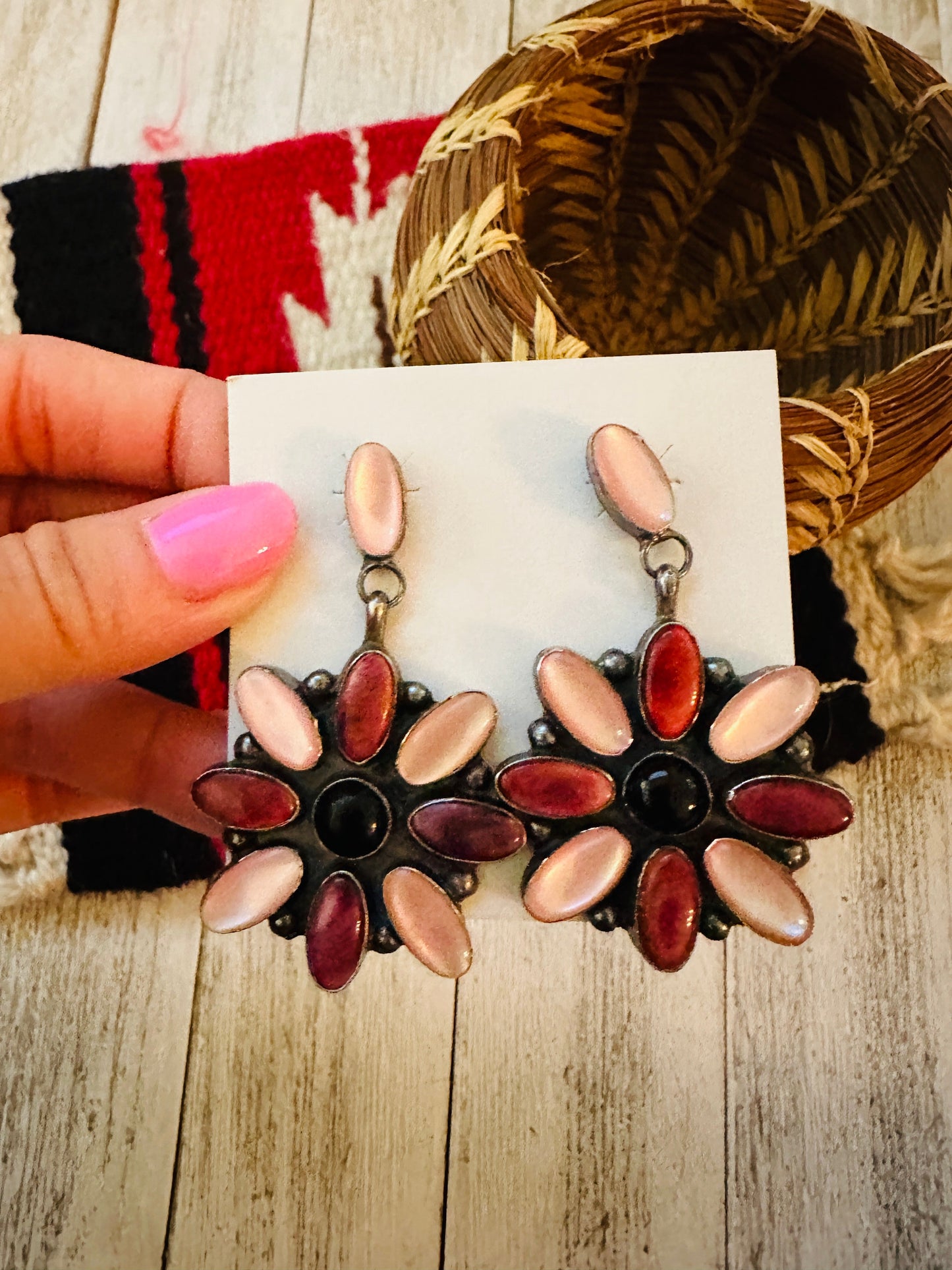 Handcrafted Mother of Pearl, Spiny, Onyx & Sterling Silver Dangle Earrings