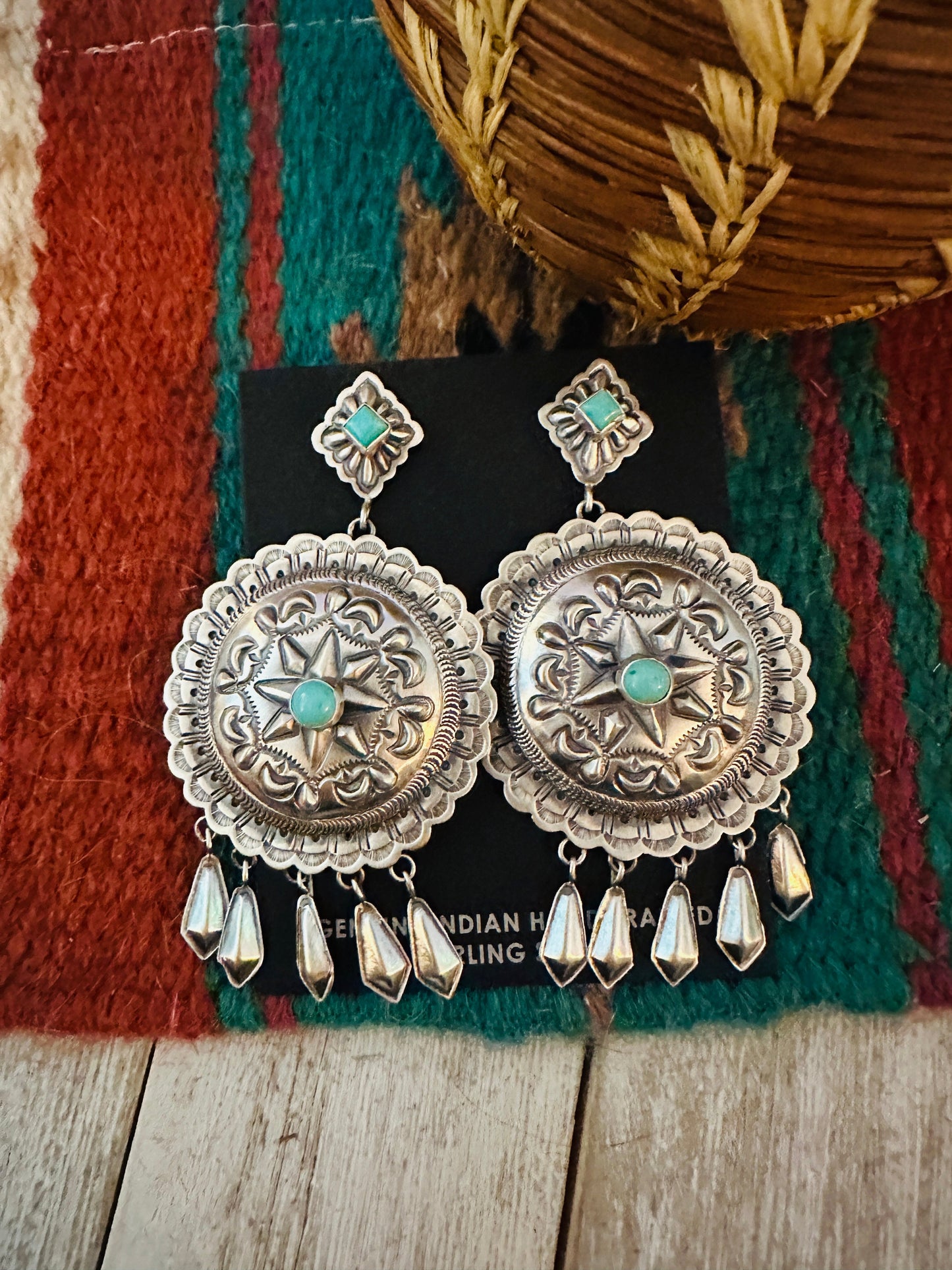 Handcrafted Turquoise & Sterling Silver Concho Dangle Earrings by Eugene Charley