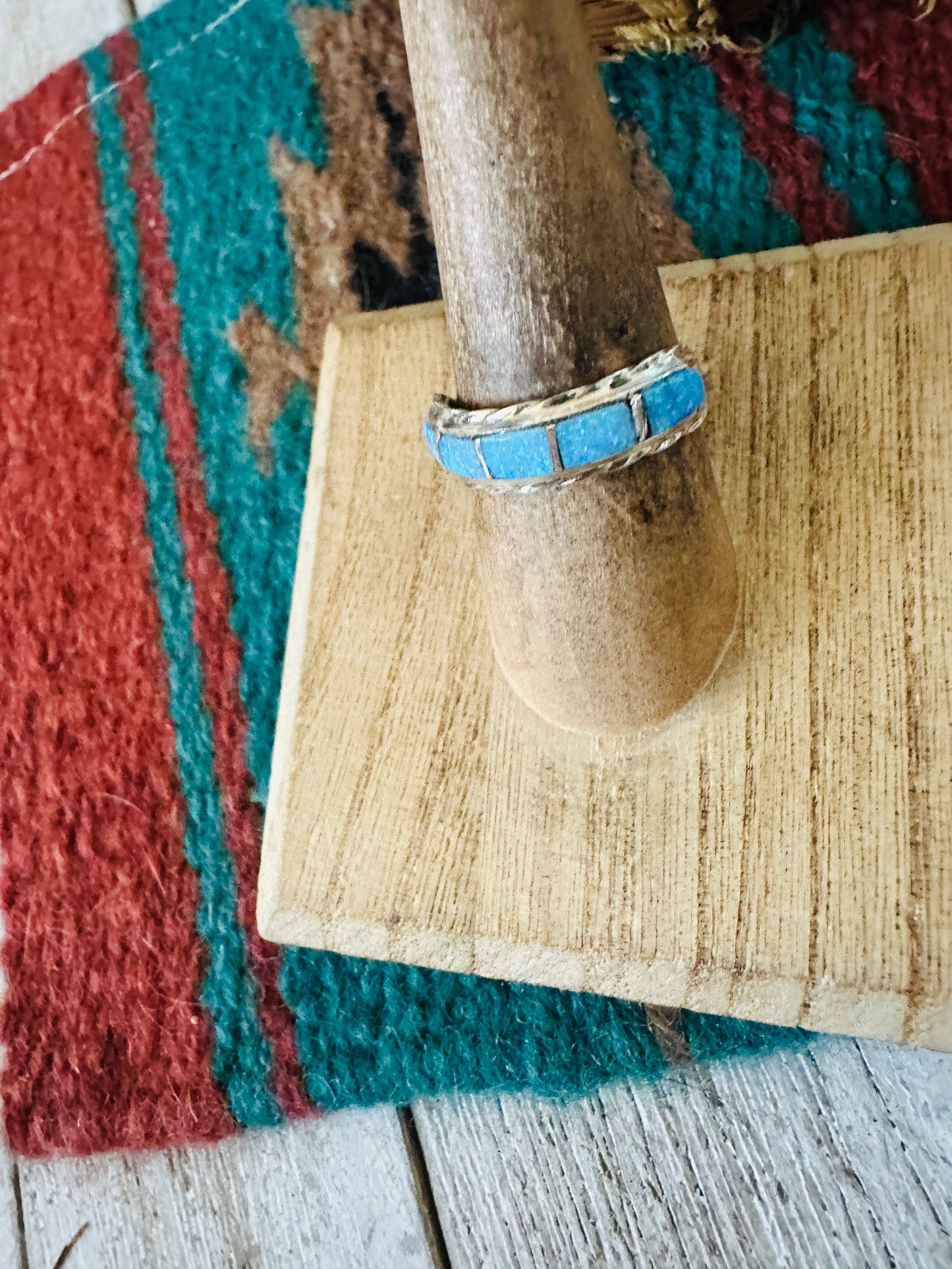 Handcrafted Sterling Silver & Blue Opal Inlay Band Ring Size 7.5