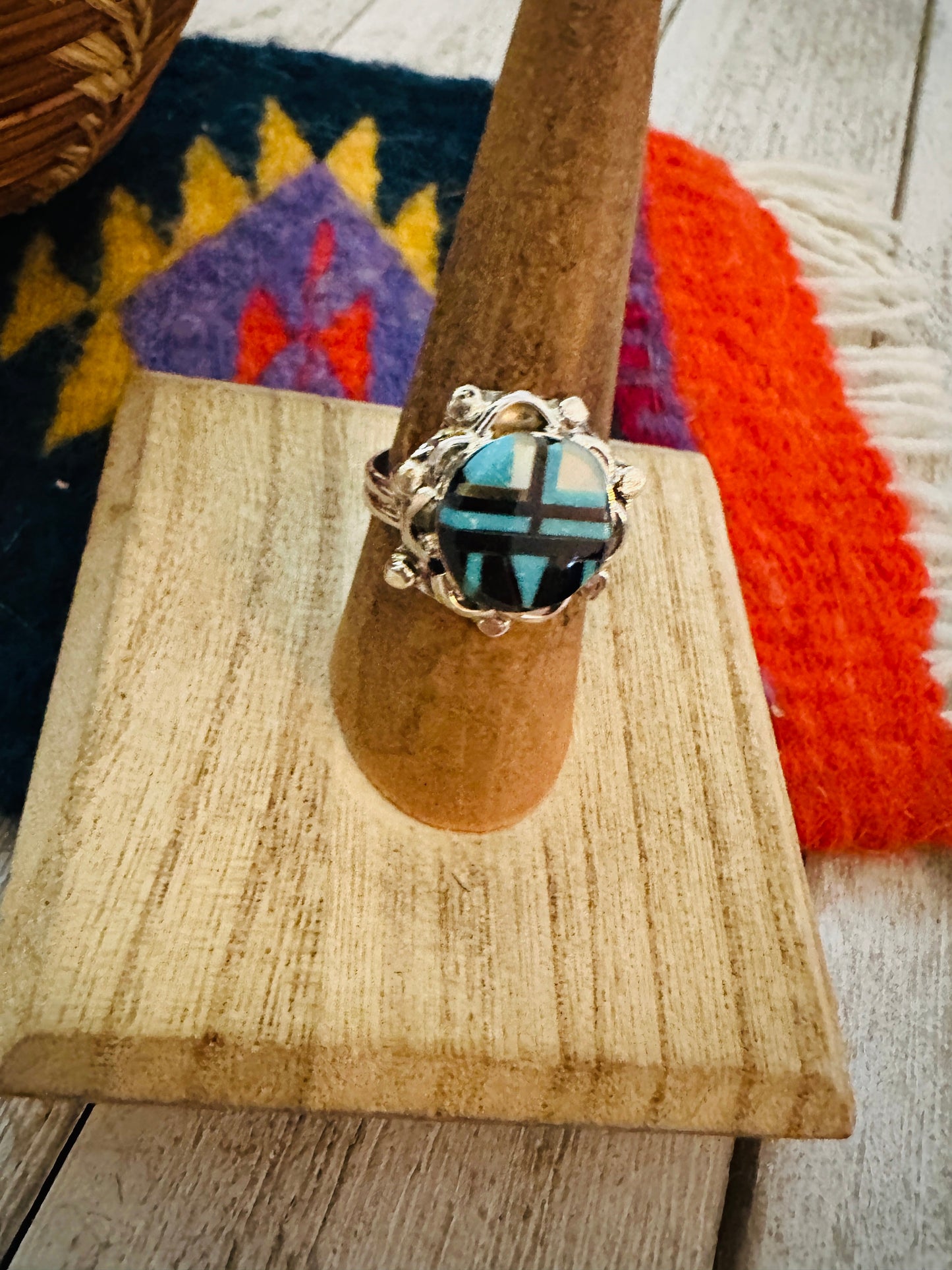 Handcrafted Multi Stone & Sterling Silver Inlay Ring Size 7