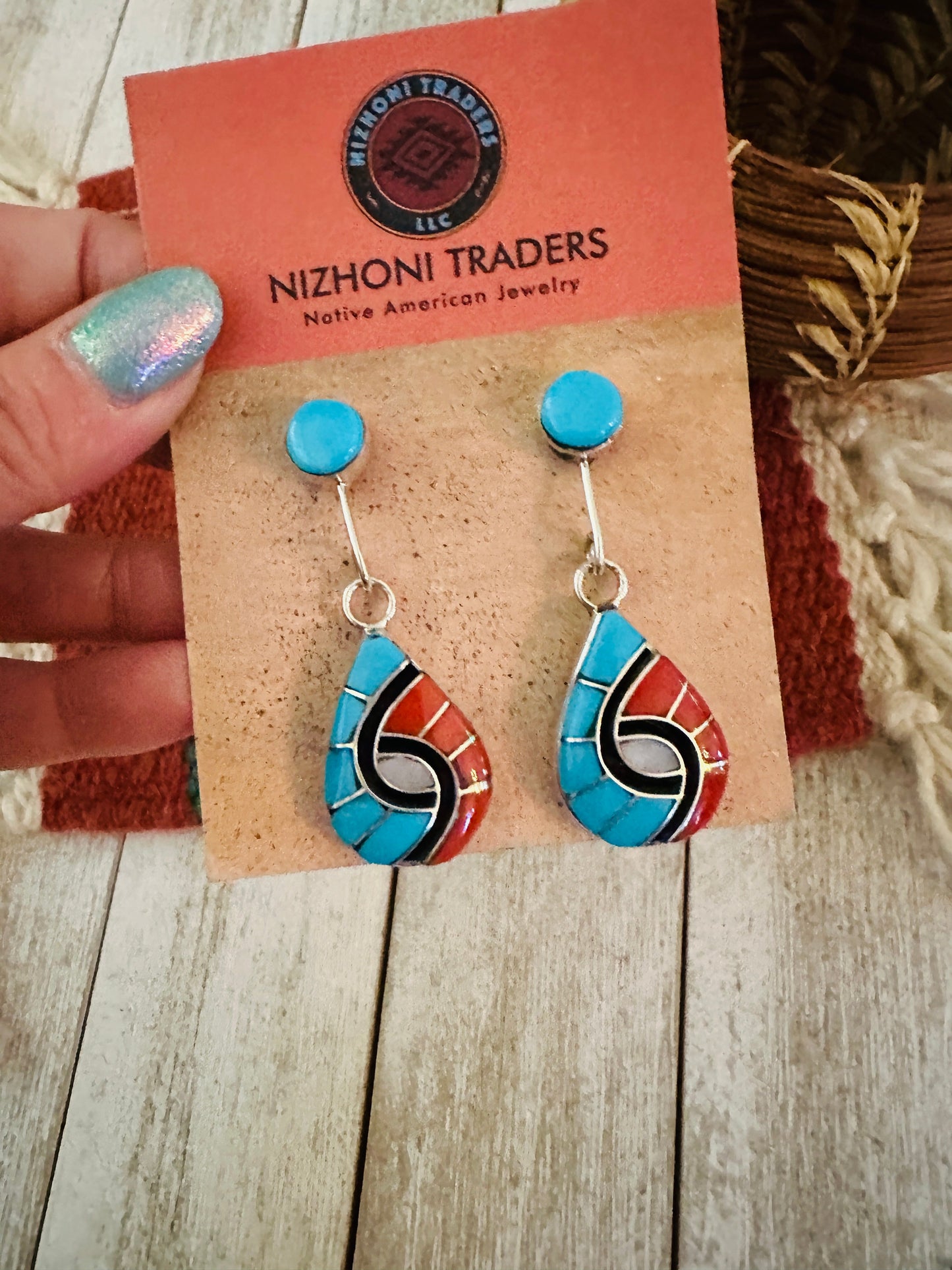 Handcrafted Multi Stone & Sterling Silver Inlay Dangle Earrings