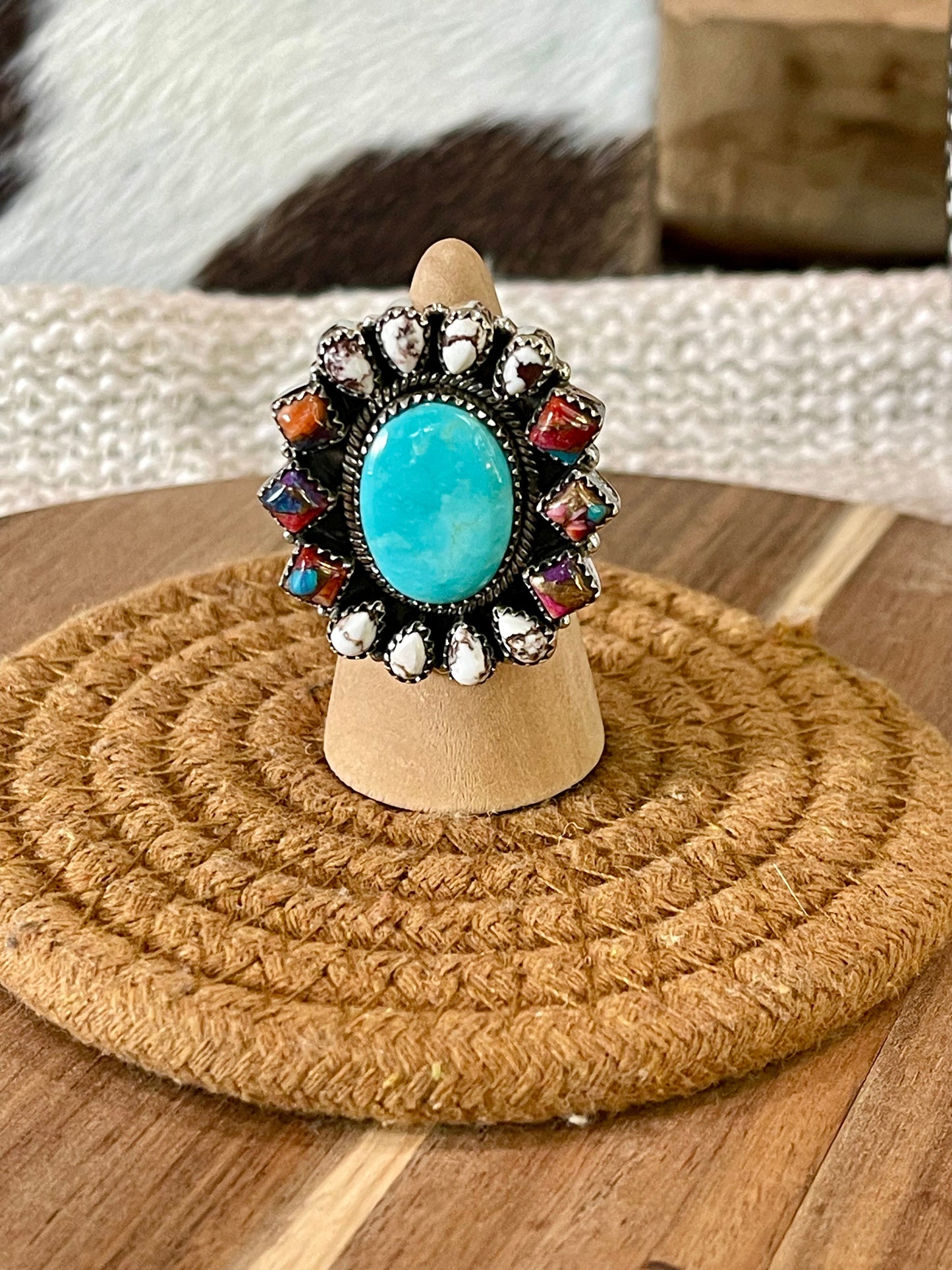 Handcrafted Sterling Silver & Multi Stone Adjustable Cluster Ring