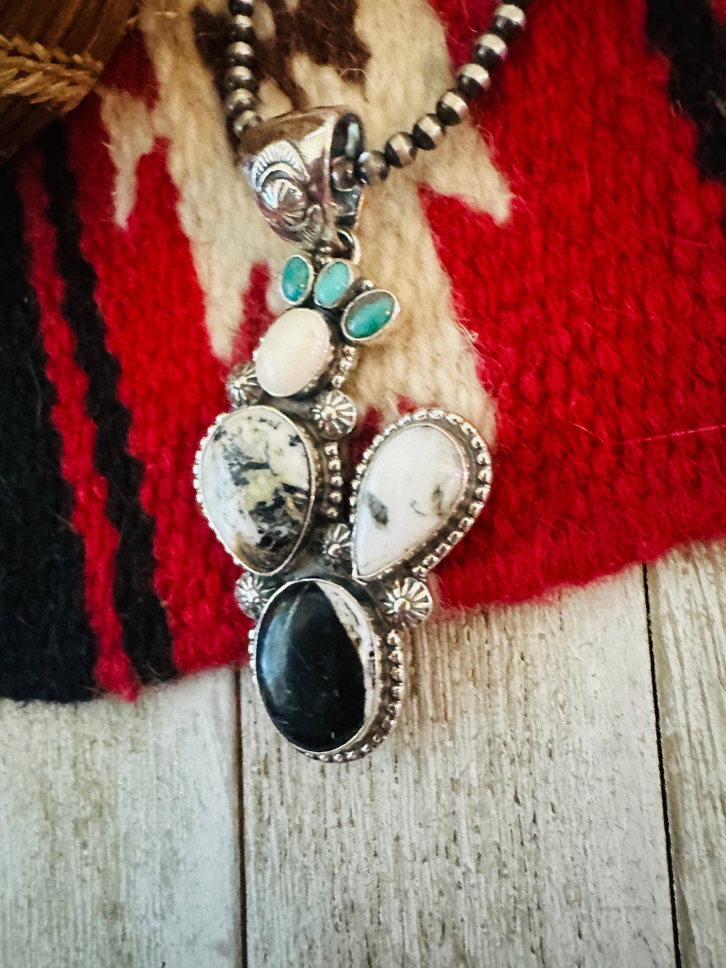 Handcrafted Sterling Silver, White Buffalo & Turquoise Cactus Pendant