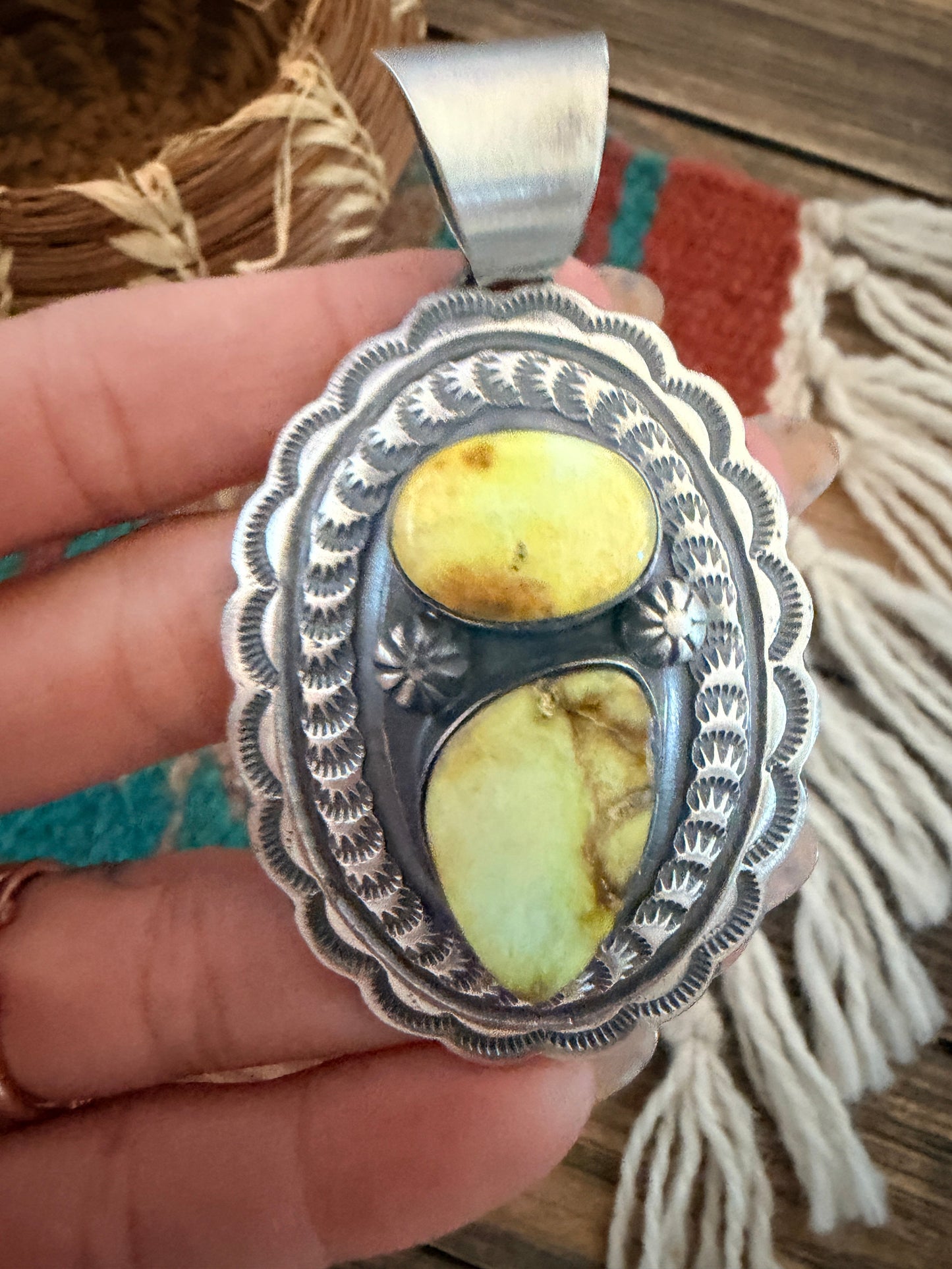 Handcrafted Sterling Silver & Palomino Turquoise Concho Pendant by Chimney Butte