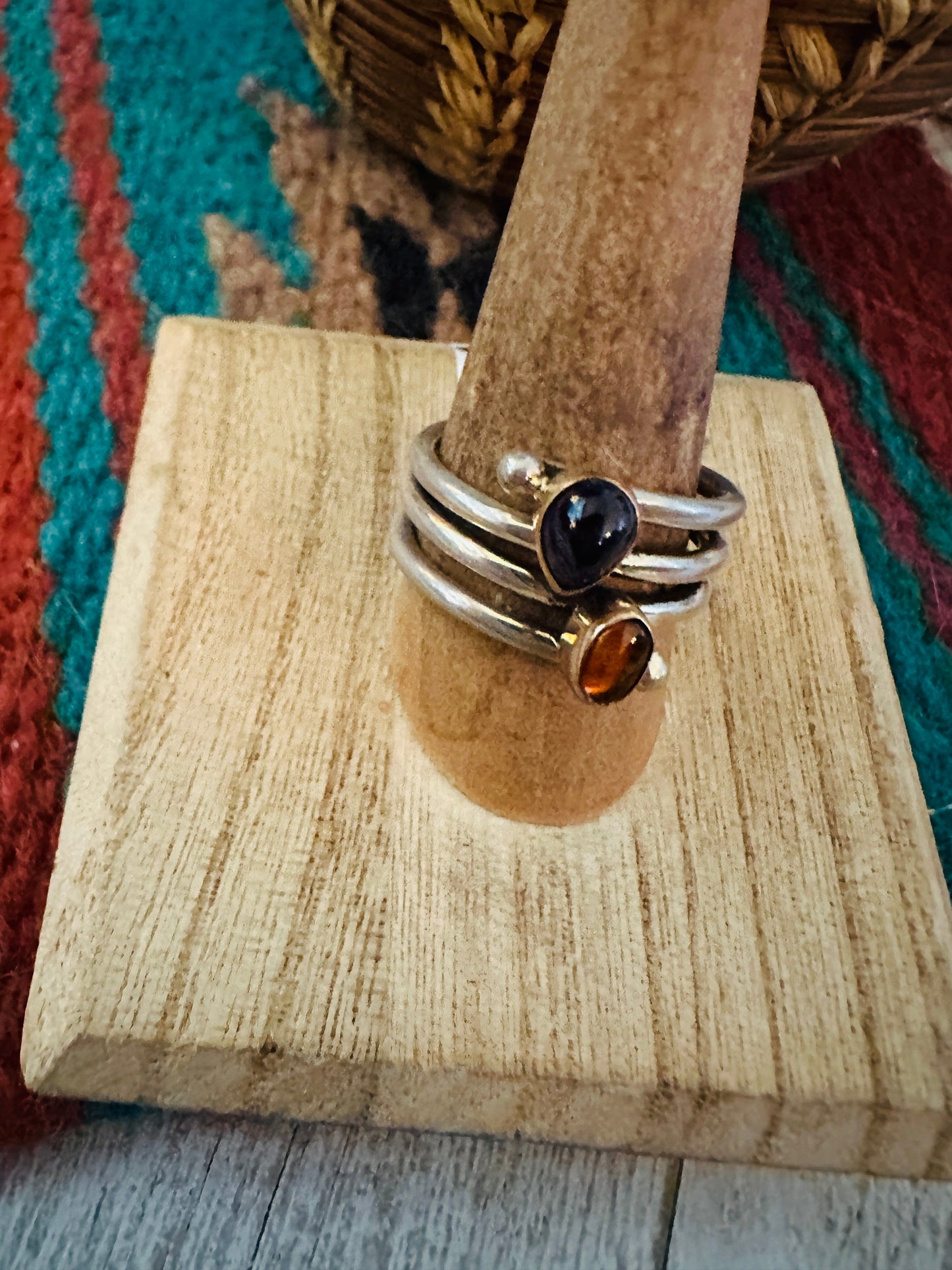 Handcrafted Amber, Amethyst & Sterling Silver Ring Size 8.5