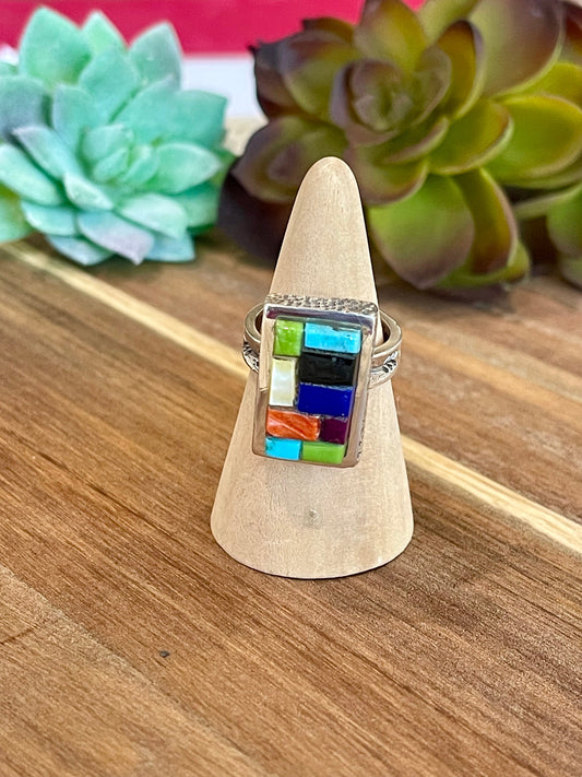 Handmade Sterling Silver & Multi Stone Inlay Ring Size 8