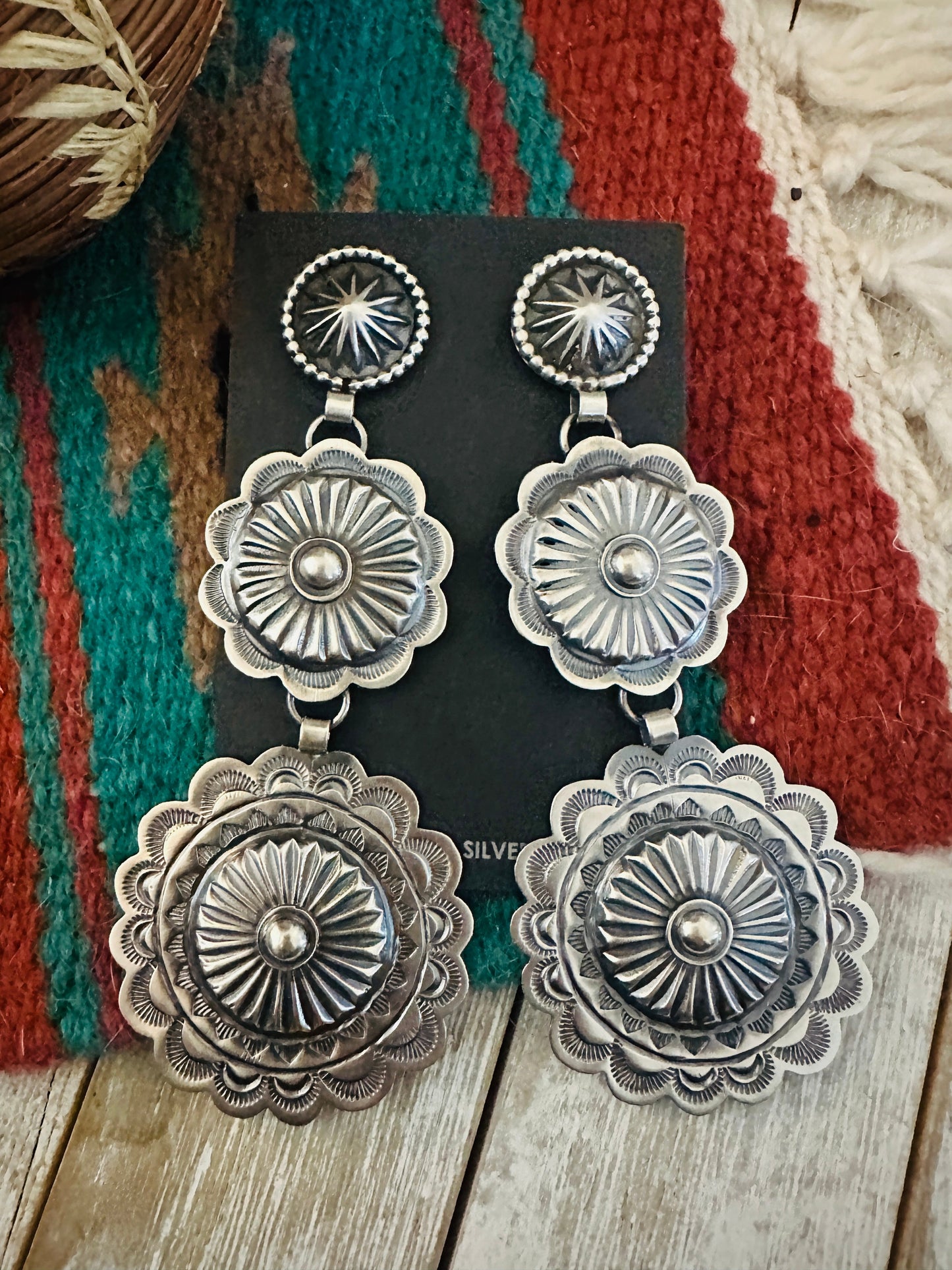 Handcrafted Hand Stamped Sterling Silver Concho Dangle Earrings by Hemerson Brown