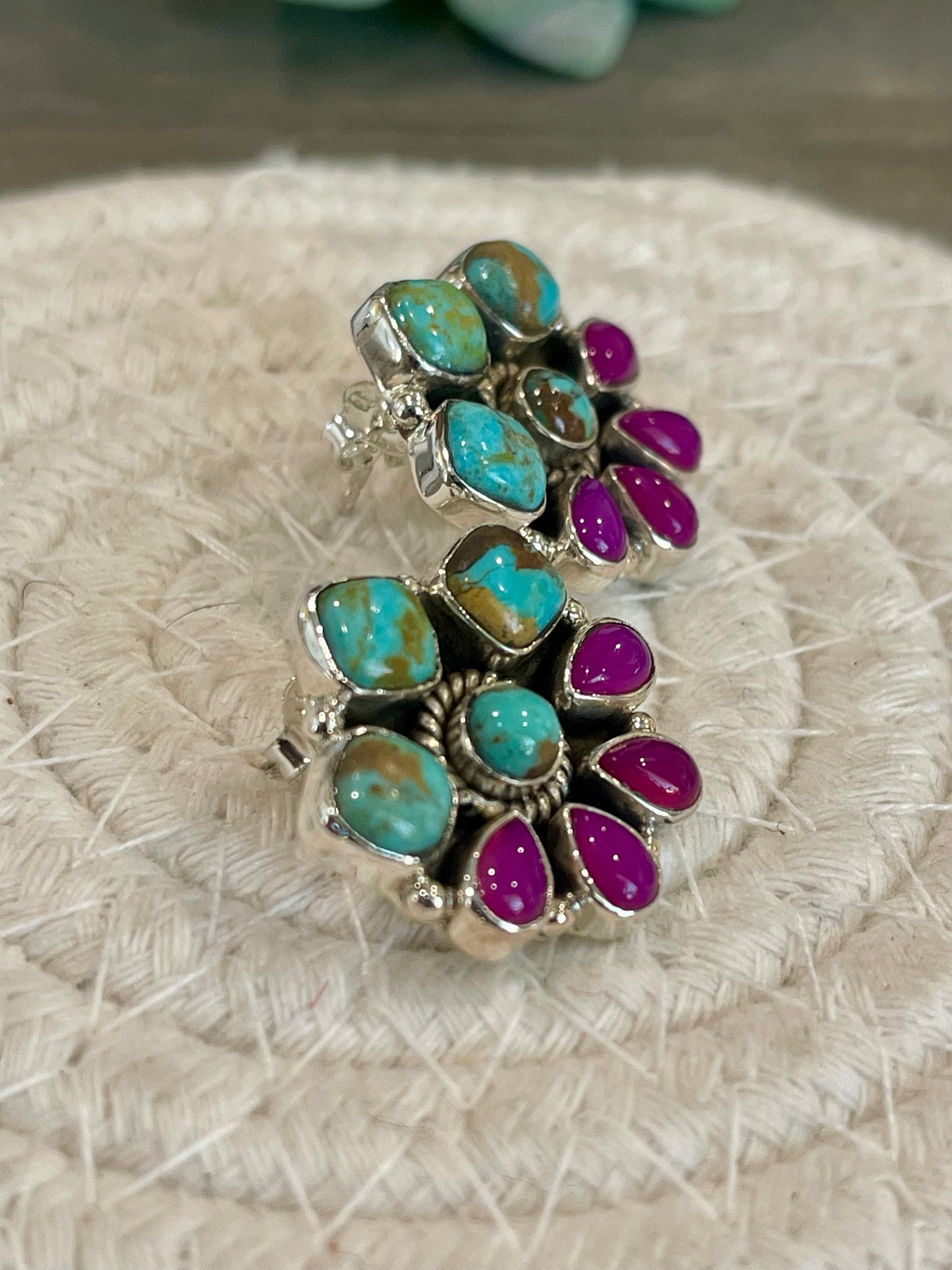 Handmade Sterling Silver, Pink Onyx and Turquoise Post Cluster Earrings