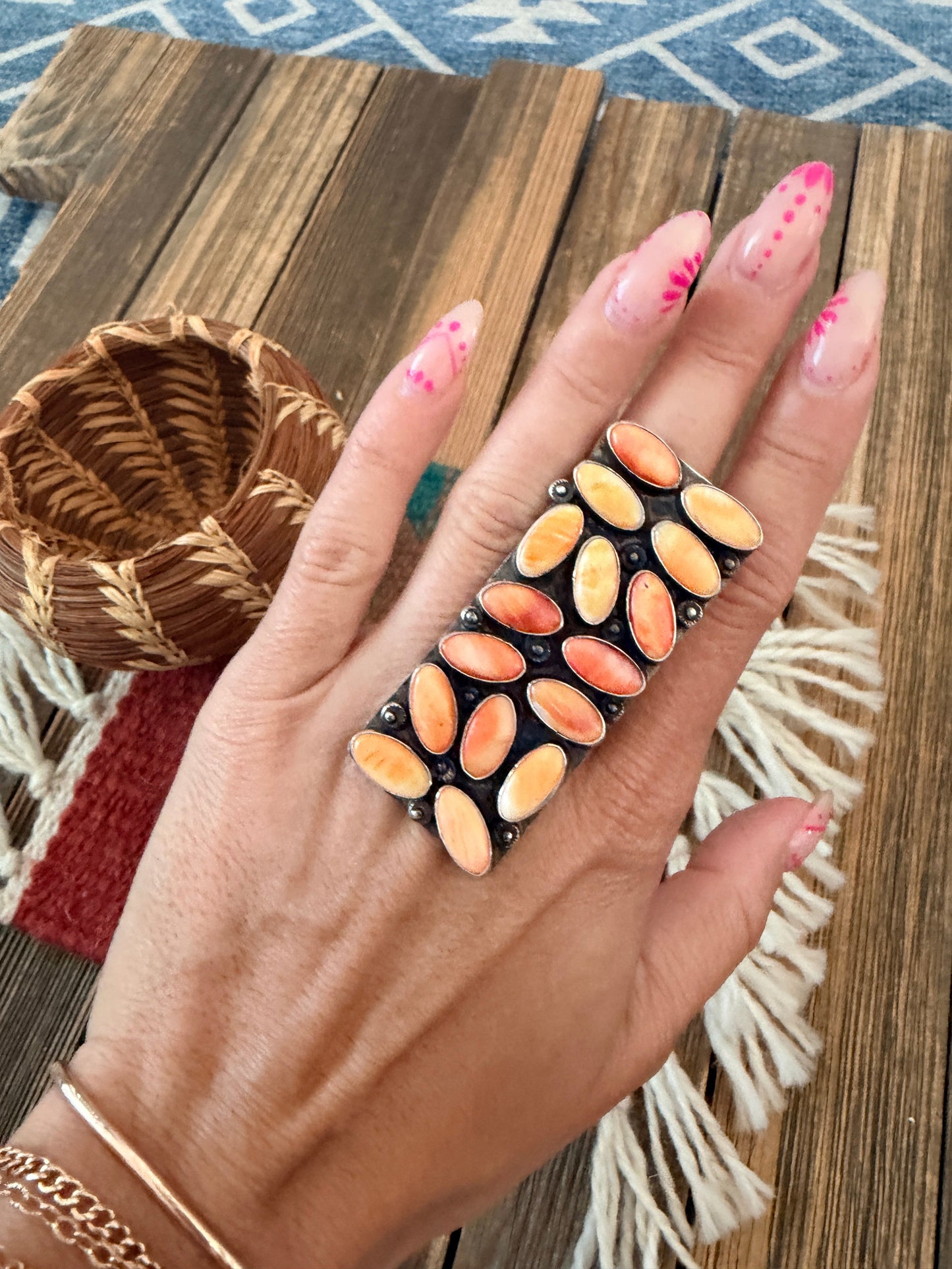 Handcrafted Orange Spiny Oyster & Sterling Silver Cluster Adjustable Ring by Jacqueline Silver