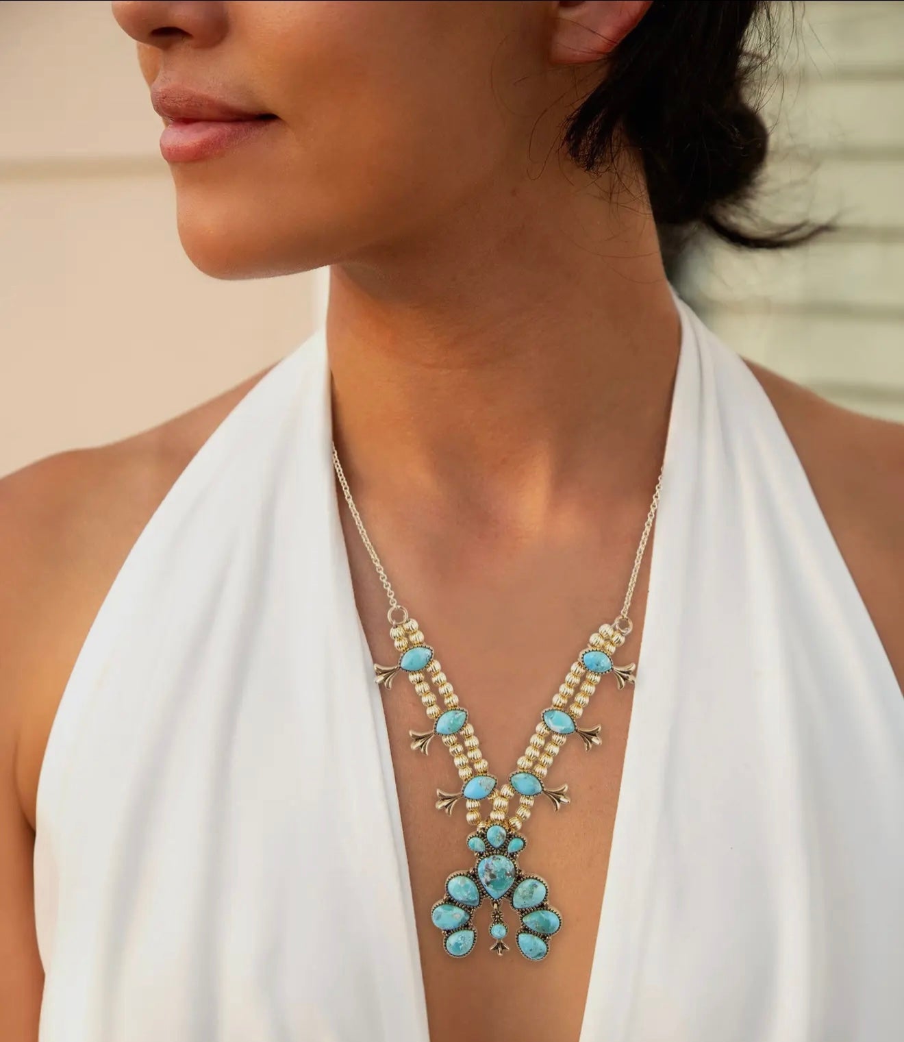 “The Golden Collection” SQUASH BLOSSOM Handmade Turquoise Gold Plated Necklace