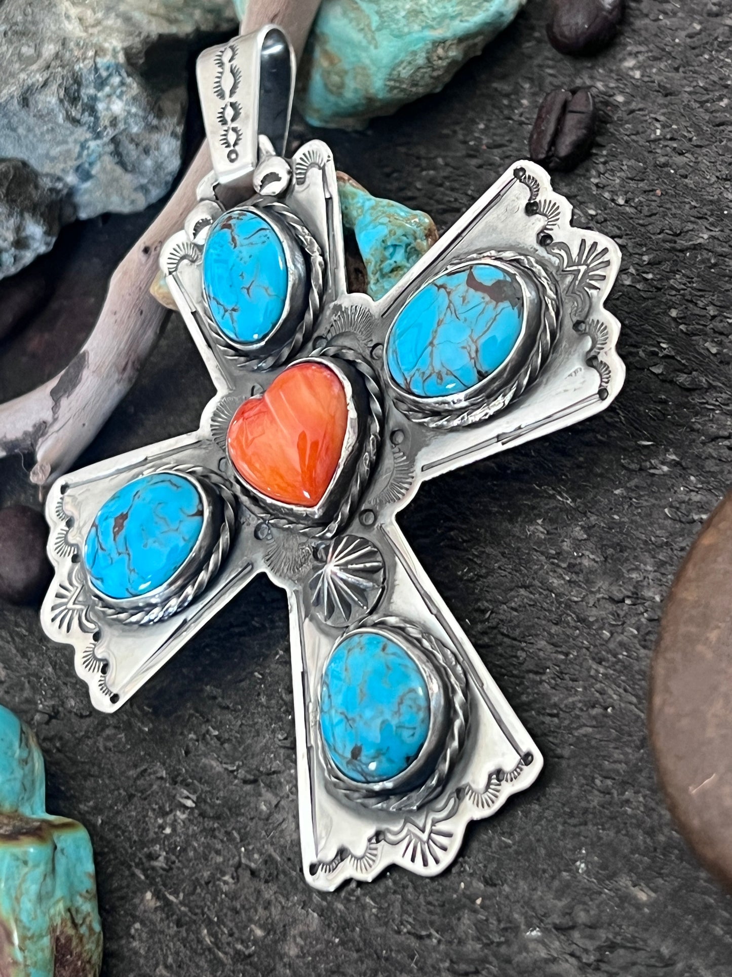 Hand Stamped Sterling Silver, Egyptian Turquoise & Spiny Oyster Cross Pendant by Kimari Somers