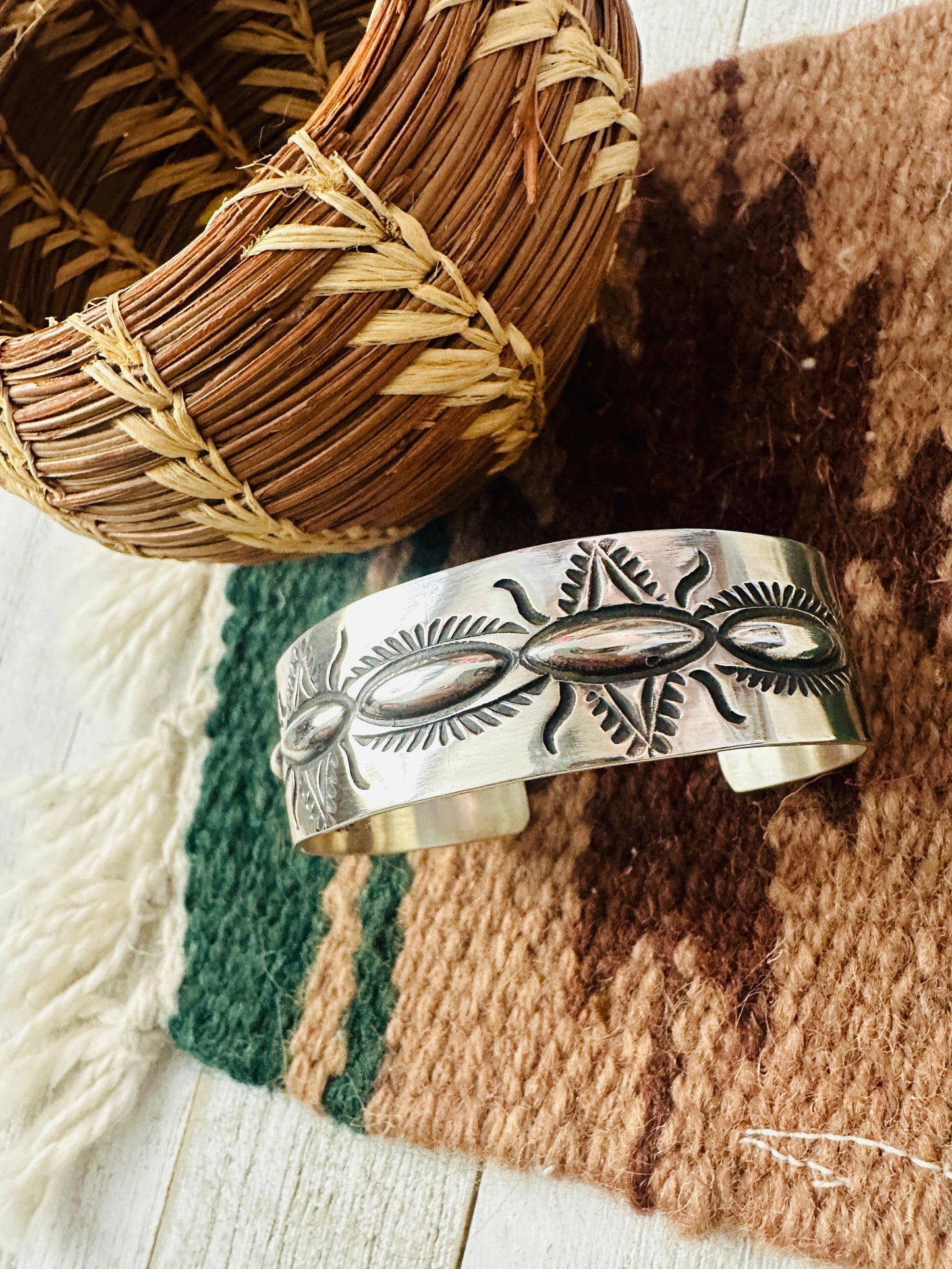 Handcrafted Stamped Sterling Silver Cuff Bracelet By Elvira Bill
