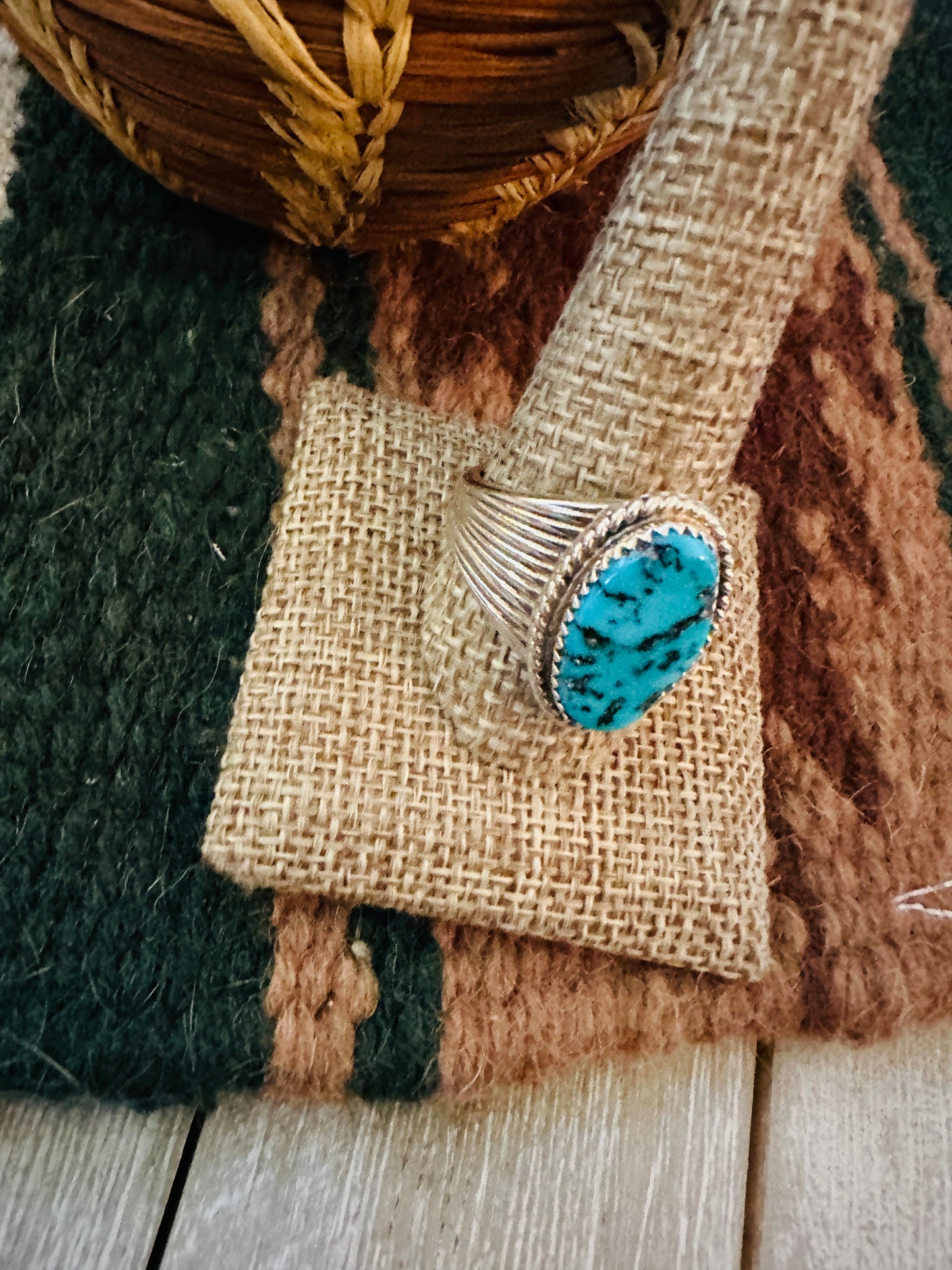 Old Pawn Handcrafted Turquoise & Sterling Silver Ring Size 12