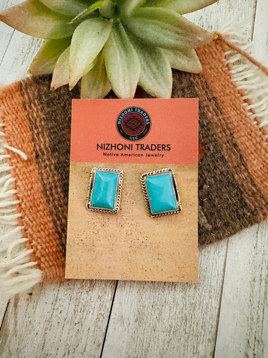 Handcrafted Turquoise & Sterling Silver Rectangle Post Earrings
