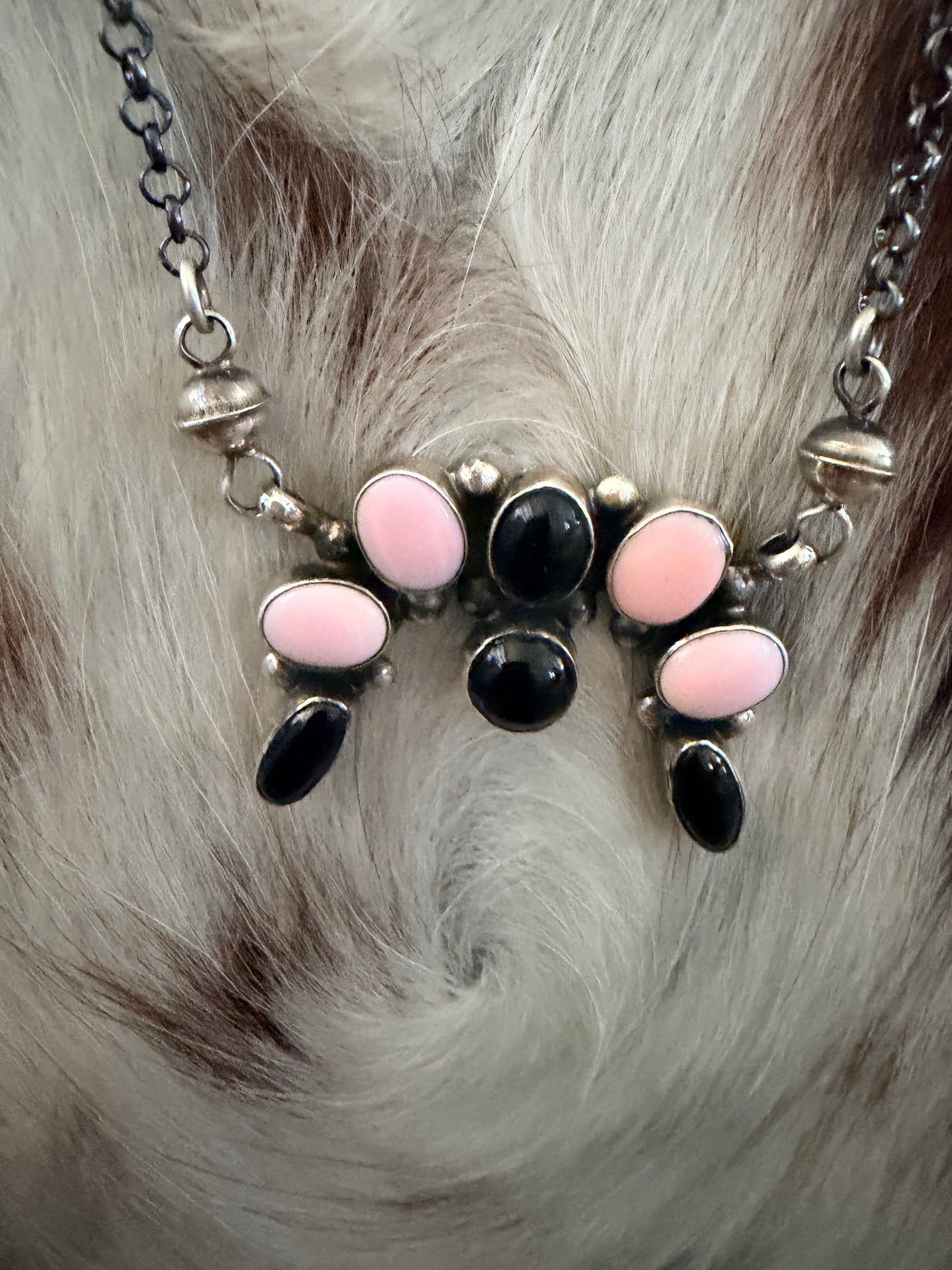 Handcrafted Queen Pink Conch, Onyx & Sterling Silver Naja Necklace by Jacqueline Silver