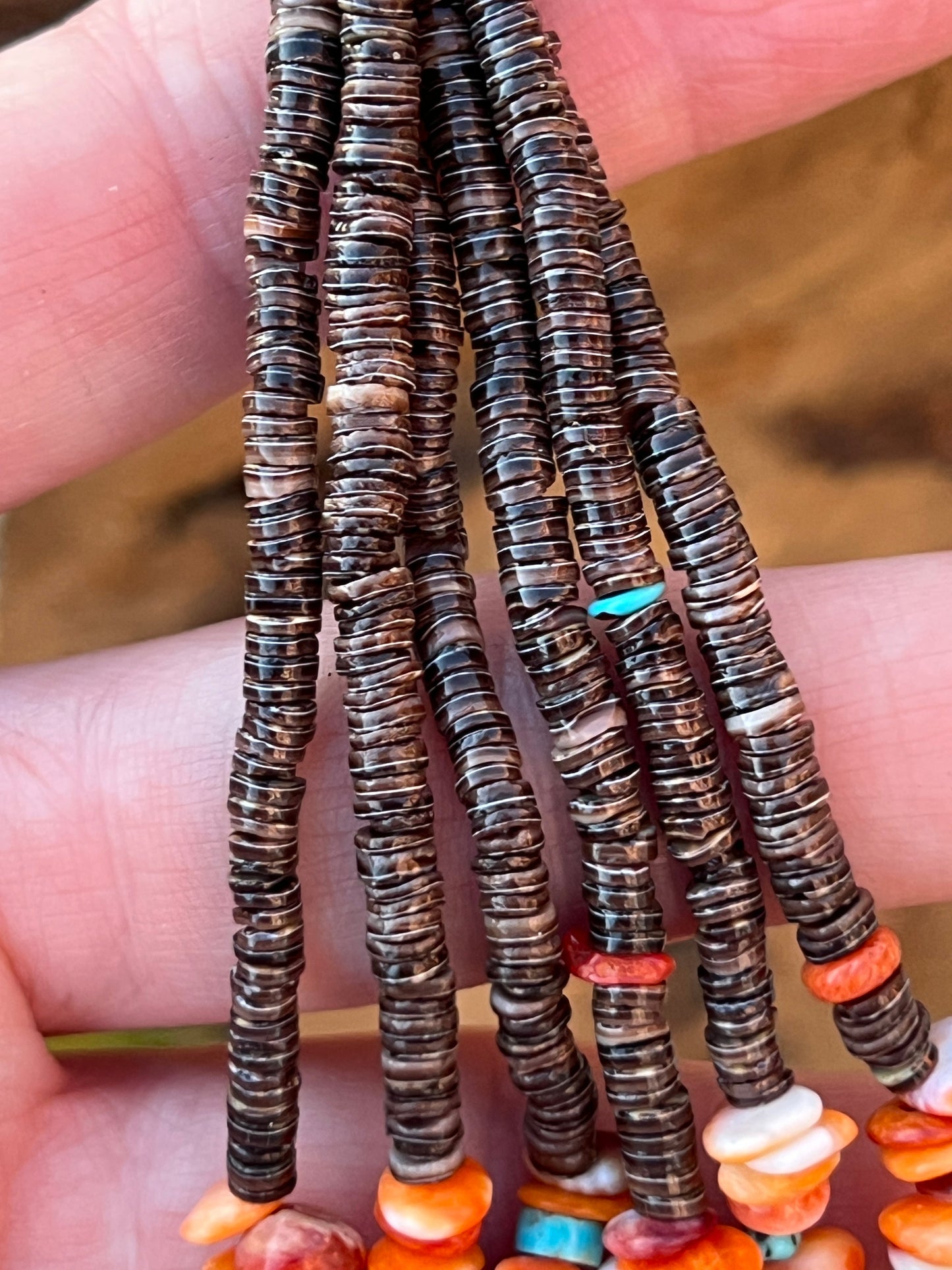 Gorgeous Handcrafted Made Six Strand Spiny Oyster and Turquoise Beaded Squaw Wrap Necklace with Spiny Oyster Tabs
