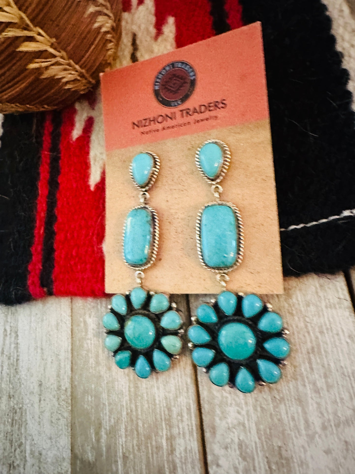 Handcrafted Sterling Silver & Turquoise Cluster Dangle Earrings