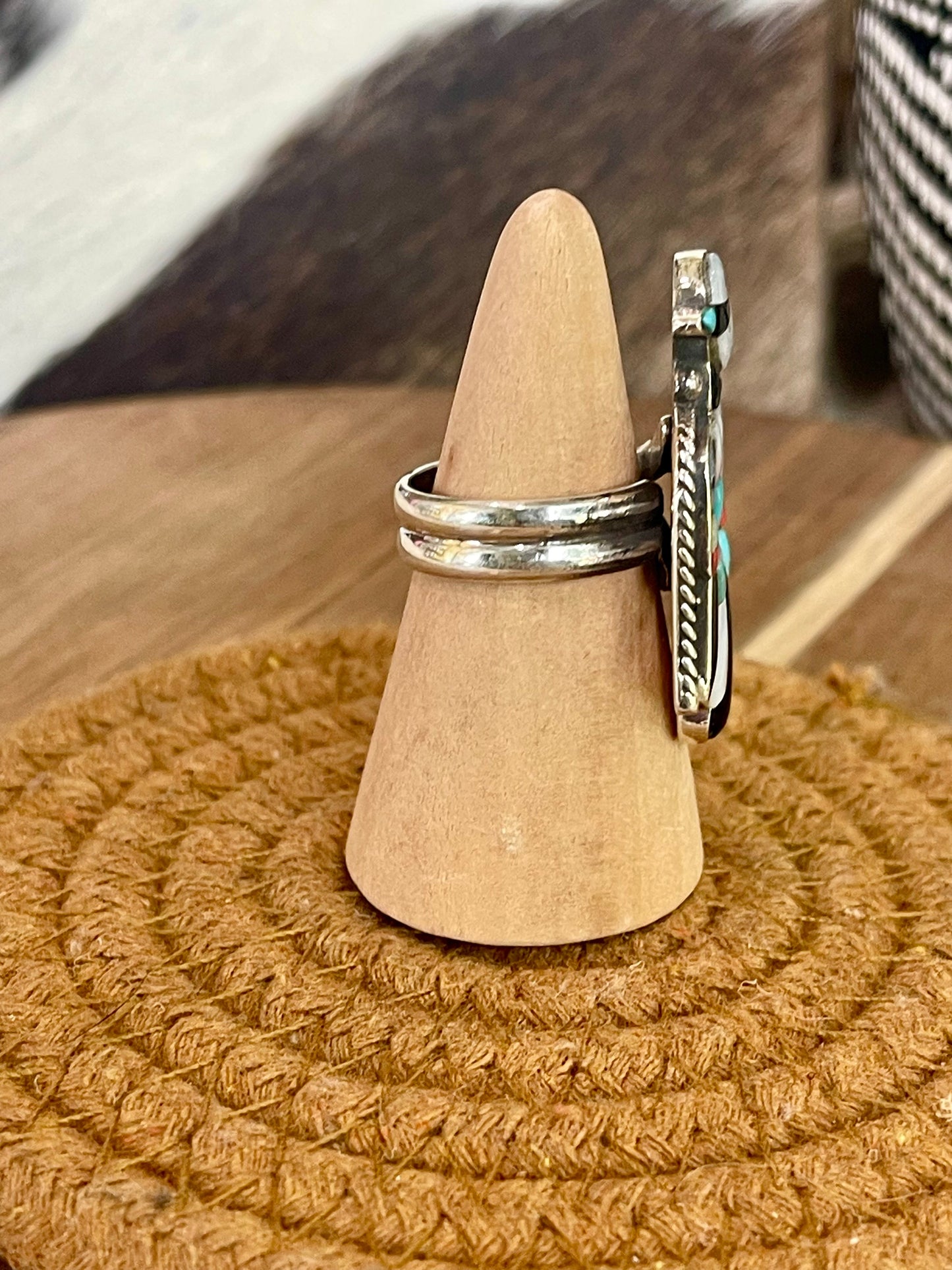 Handmade Sterling Silver & Multi Stone Thunderbird Adjustable Ring