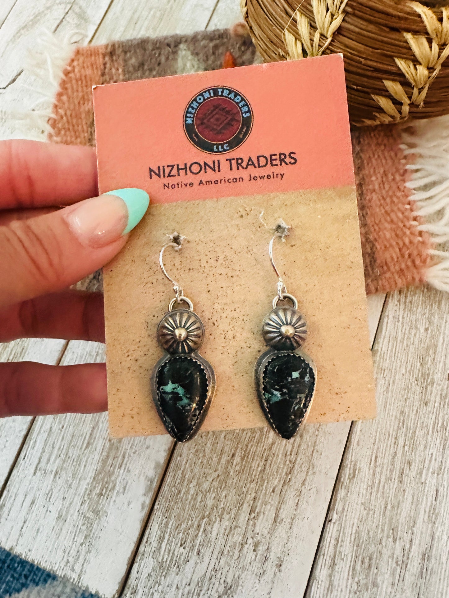 Handcrafted Sterling Silver & Blackjack Turquoise Dangle Earrings