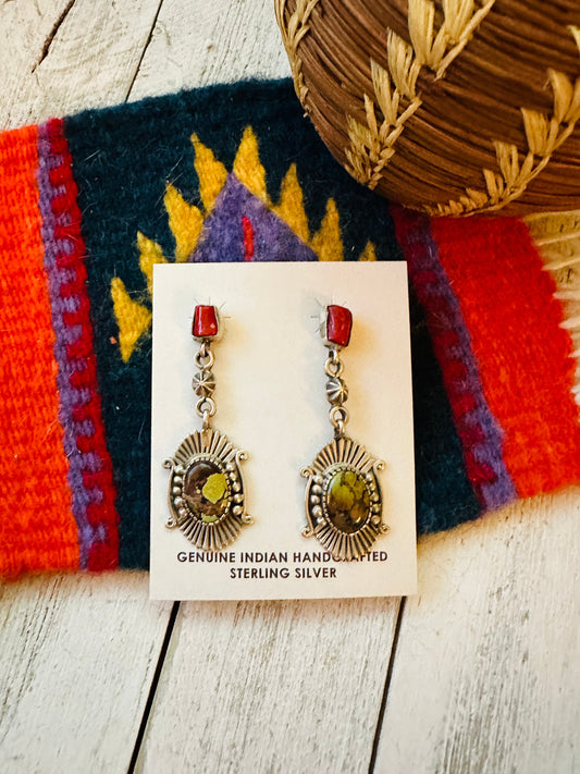 Handcrafted Tibetan Turquoise, Coral & Sterling Silver Dangle Earrings