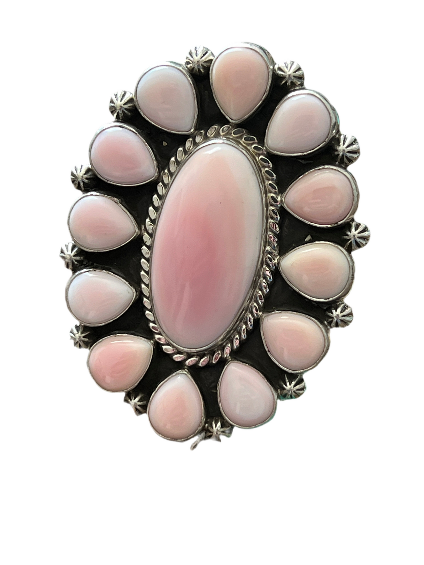 Handcrafted Sterling Silver and Oval Queen Pink Conch Shell Cluster Ring by Aaron Tallis, Adjustable