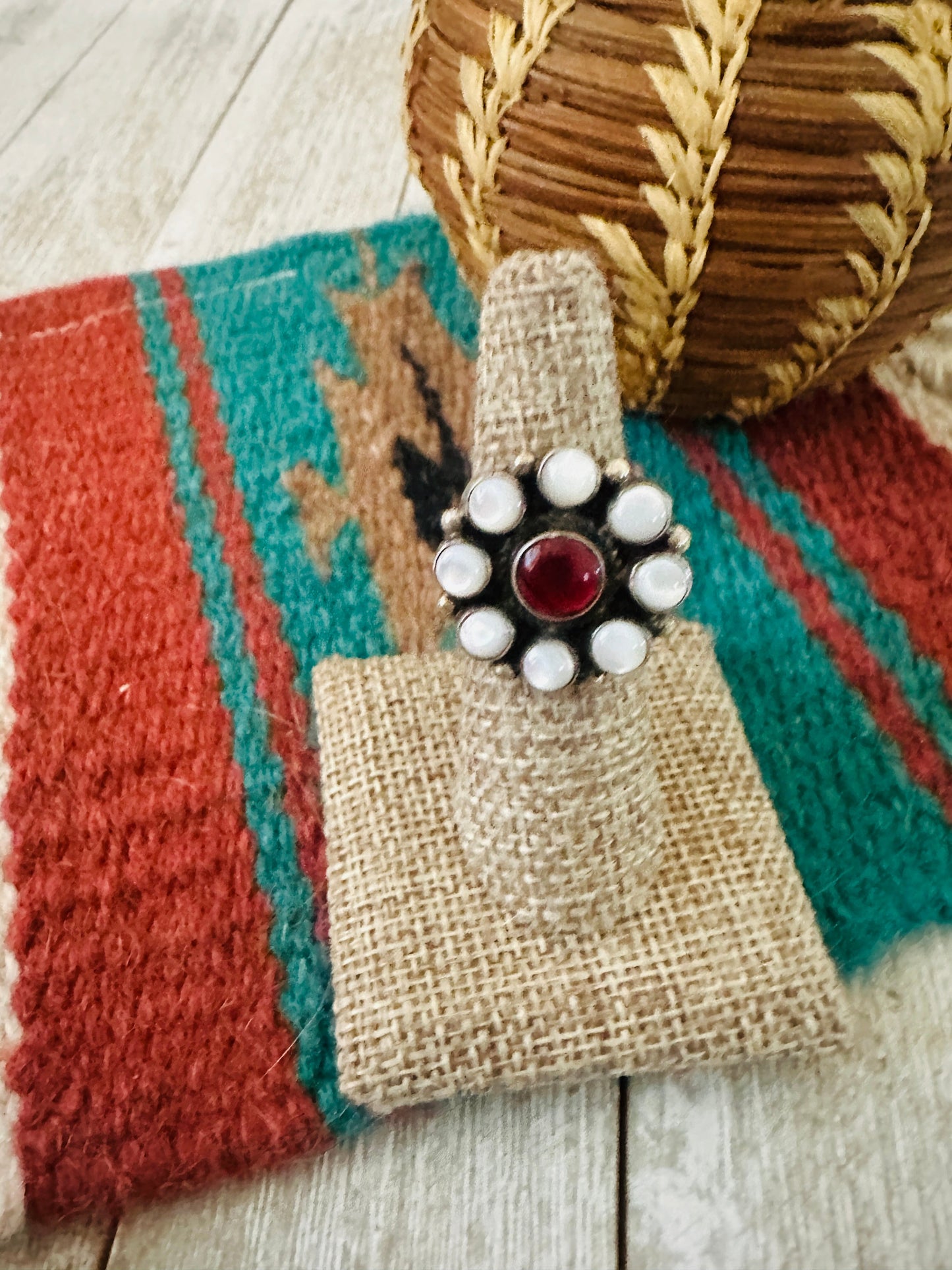 Handcrafted Sterling Silver, Mother of Pearl and Garnet Cluster Adjustable Ring