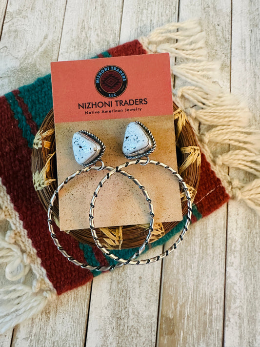 Handcrafted White Buffalo and Sterling Silver Dangle Hoop Earrings