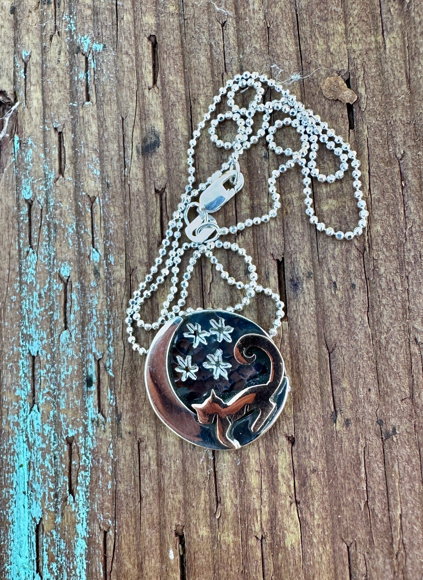 Cat on the Moon Sterling Silver Copper Pendant Necklace