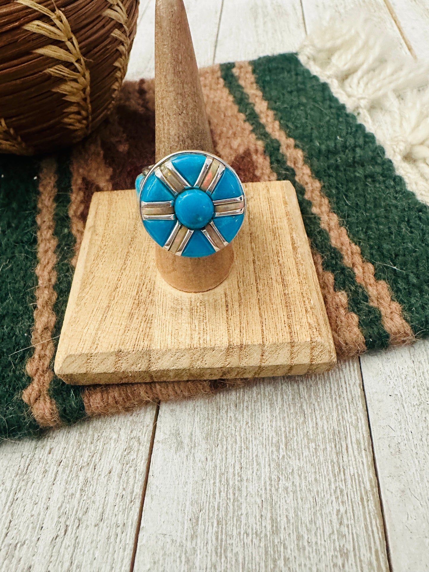 Handcrafted Sterling Silver, Turquoise & Opal Inlay Band Ring Size 7.5
